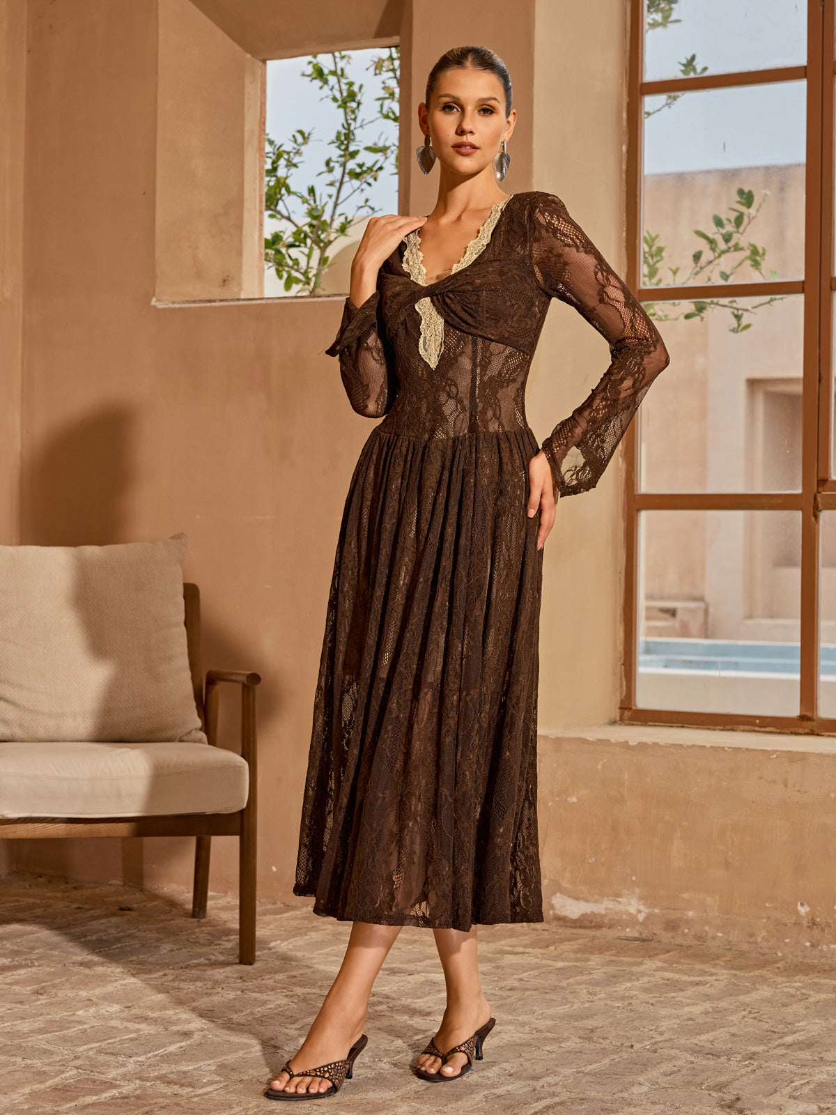 Cherida V Neck Lace Midi Dress