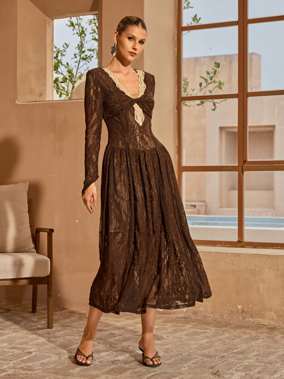 Cherida V Neck Lace Midi Dress