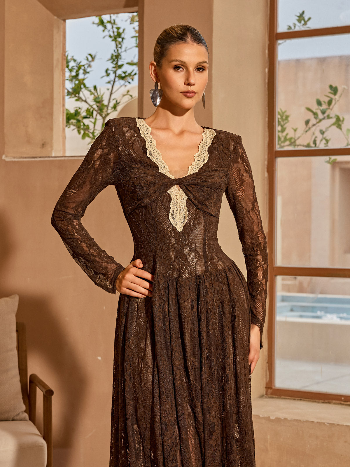 Cherida V Neck Lace Midi Dress