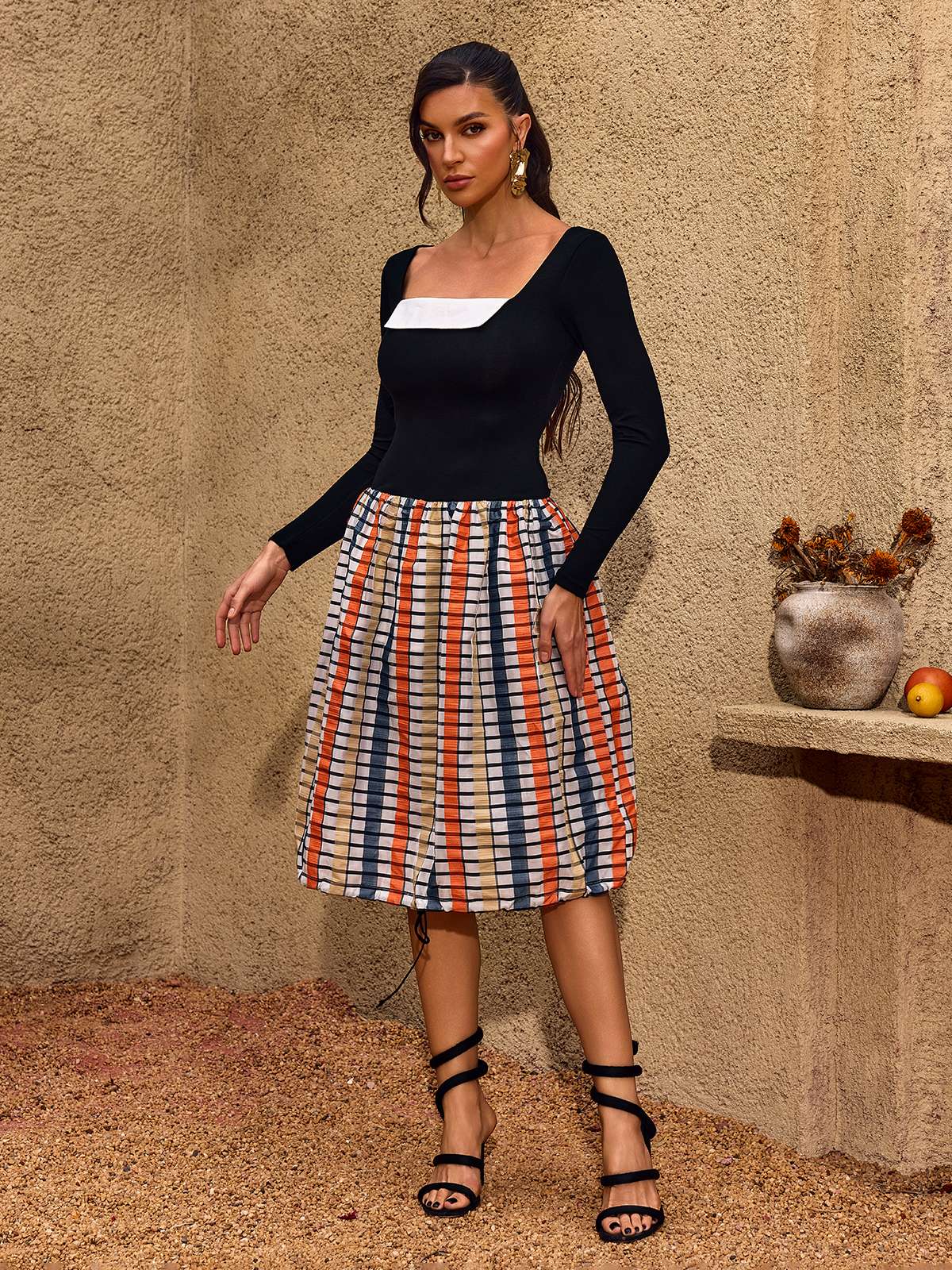 Chezarina Long Sleeve Plaid Bubble Midi Dress