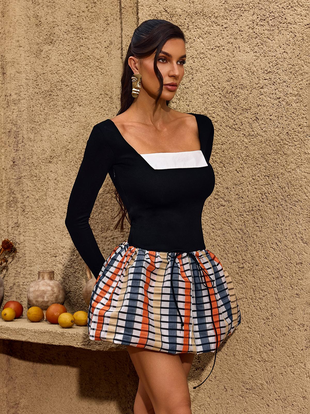 Chezarina Long Sleeve Plaid Bubble Midi Dress