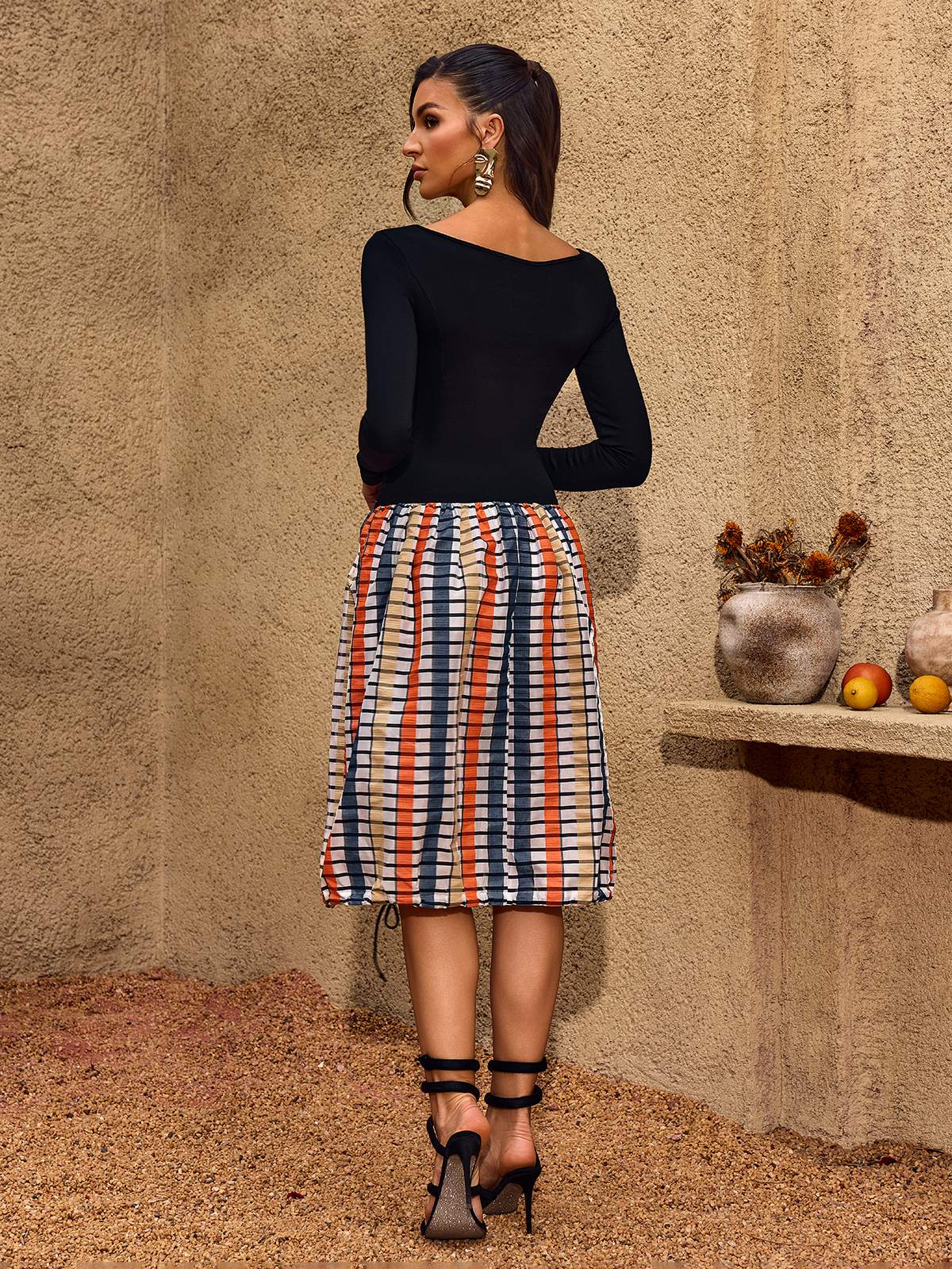 Chezarina Long Sleeve Plaid Bubble Midi Dress