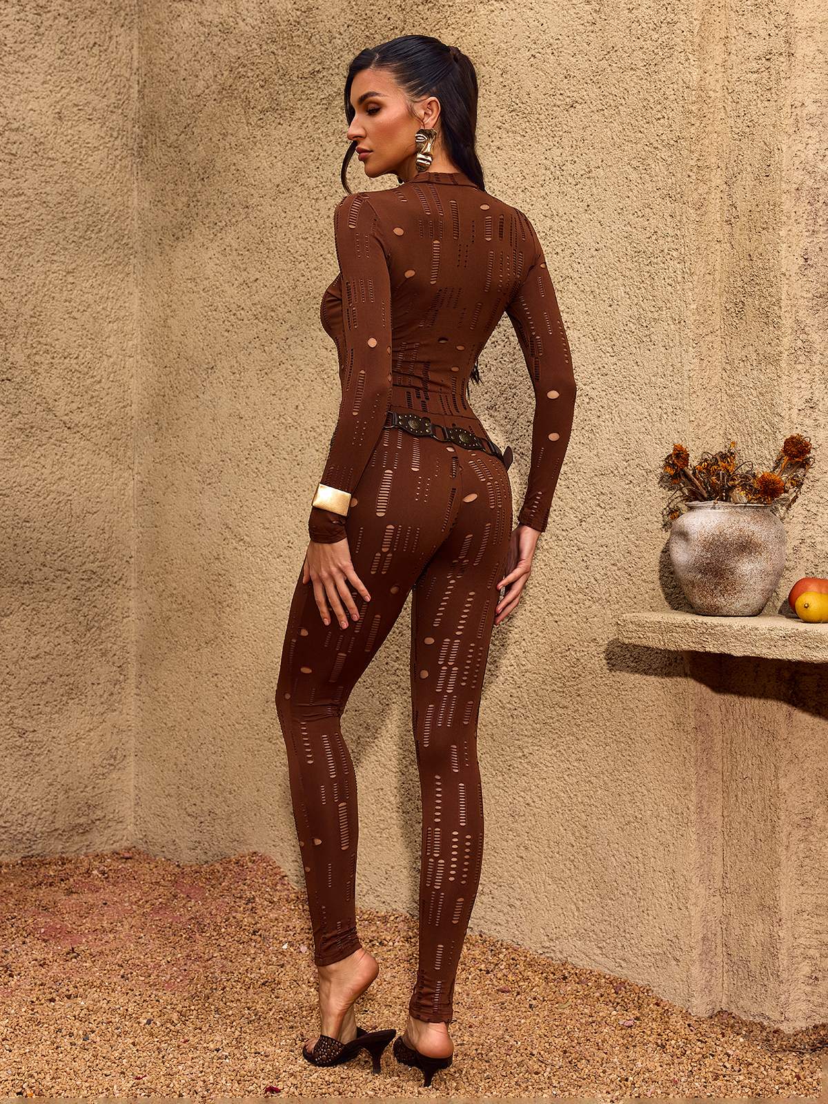 Chiaka Long Sleeve Cutout Skinny Pants Set In Brown