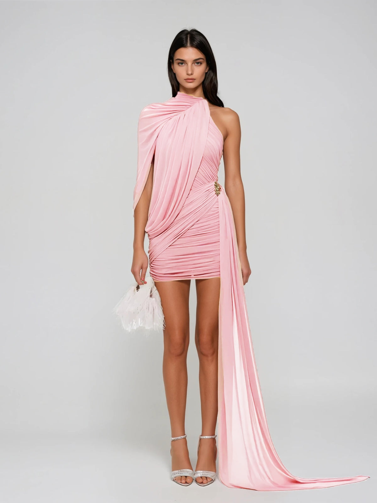 Chione One Shoulder Draped Ruched Dress In Pink