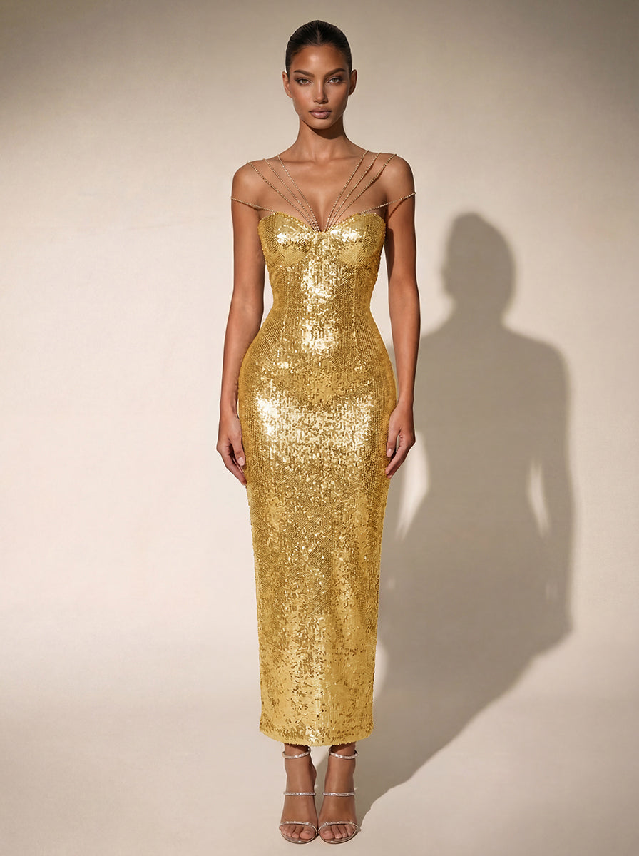 Chiquita Rhinestone Sequin Maxi Dress In Gold