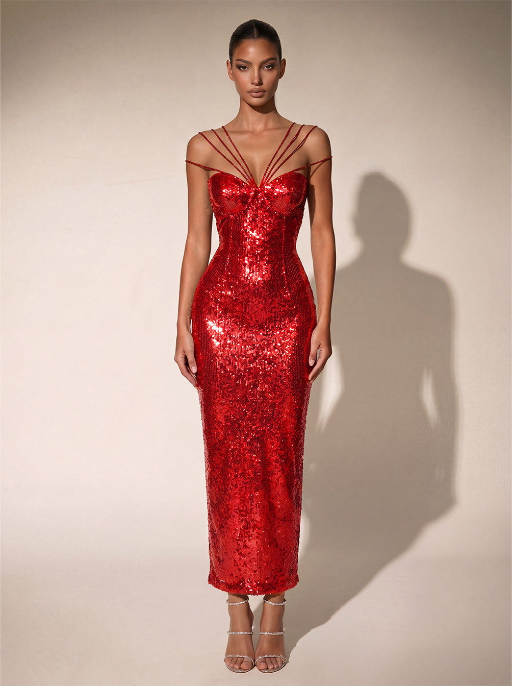 Chiquita Rhinestone Sequin Maxi Dress In Red