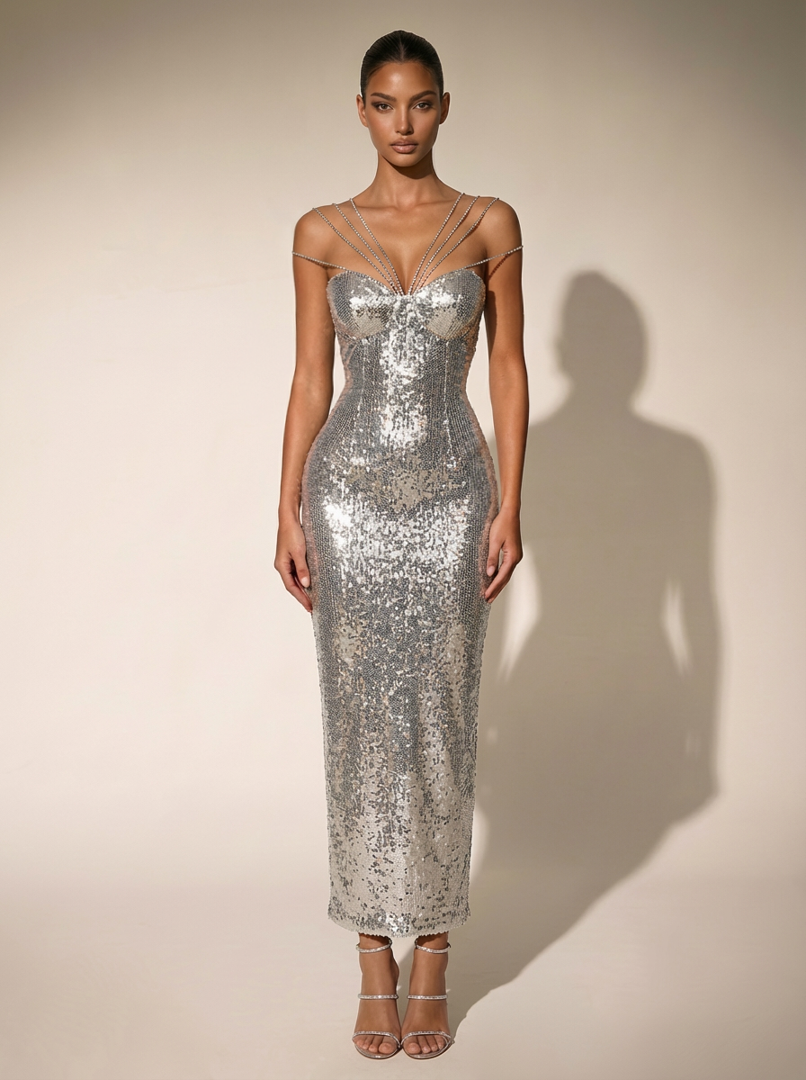 Chiquita Rhinestone Sequin Maxi Dress In Silver