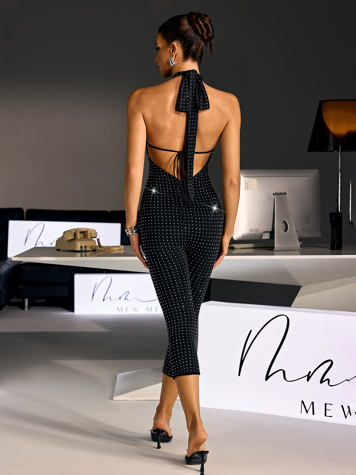 Chisato Plunge Neck Rhinestone Capri Jumpsuit