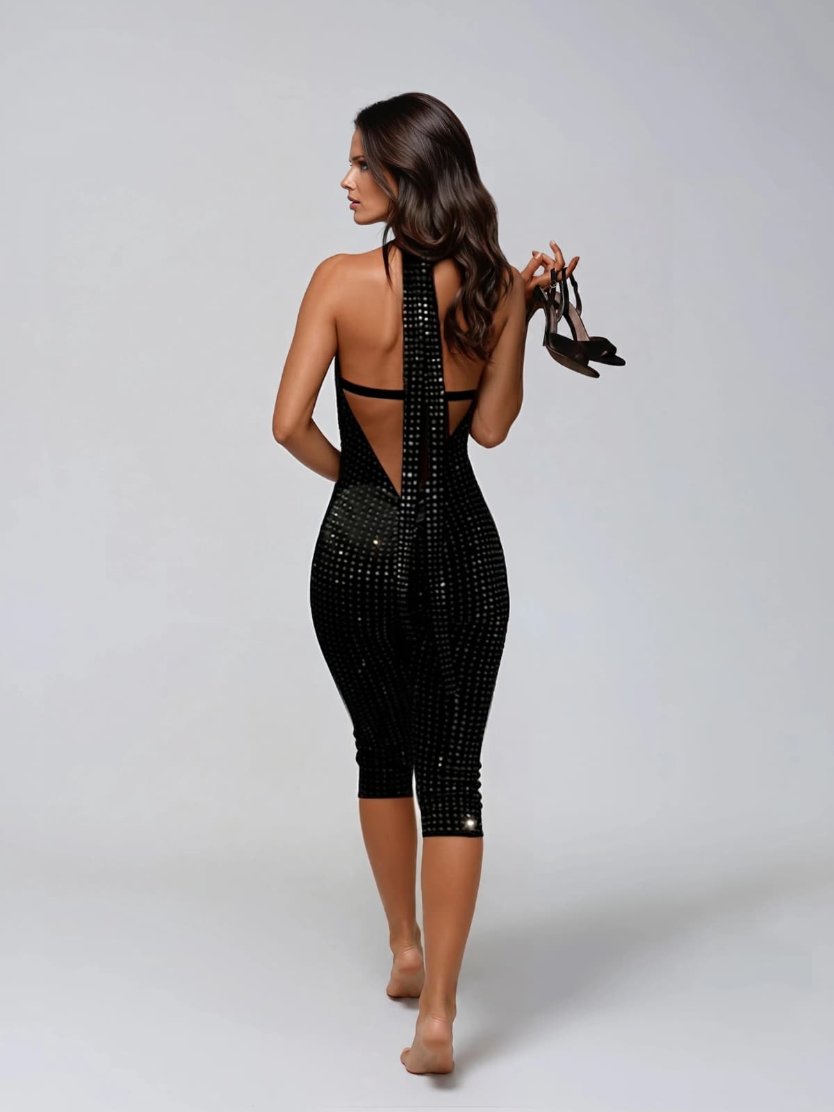 Chisato Plunge Neck Rhinestone Capri Jumpsuit In Black