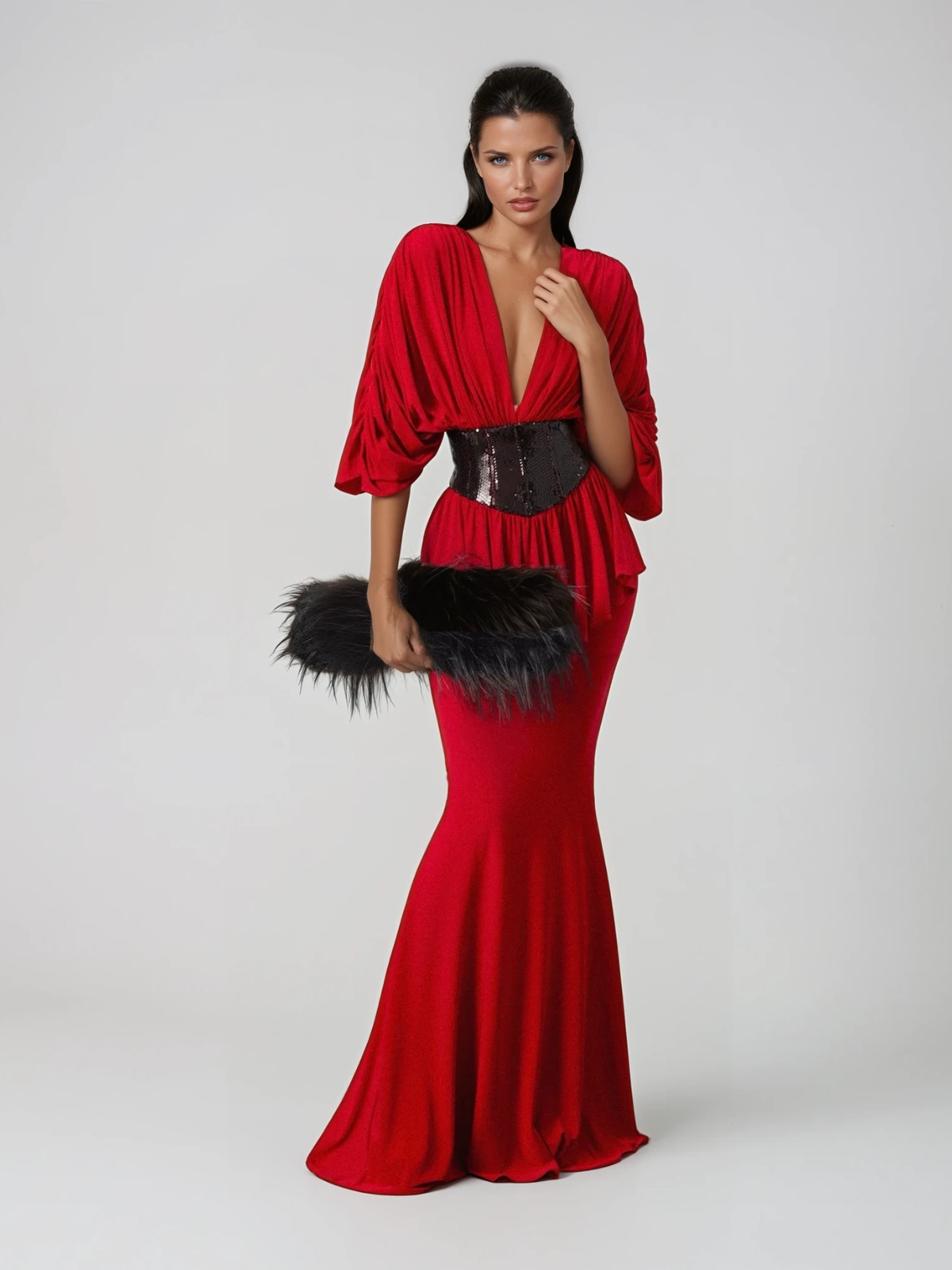 Chita Draped Cape Sleeves Waistband Maxi Dress