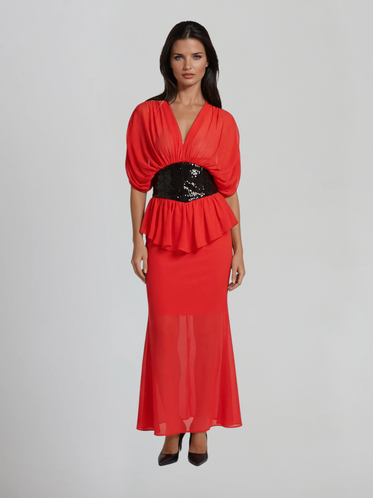 Chita Draped Cape Sleeves Waistband Maxi Dress