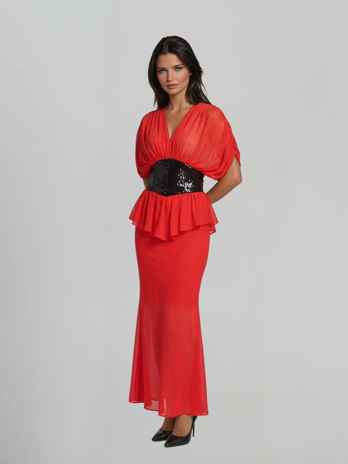 Chita Draped Cape Sleeves Waistband Maxi Dress