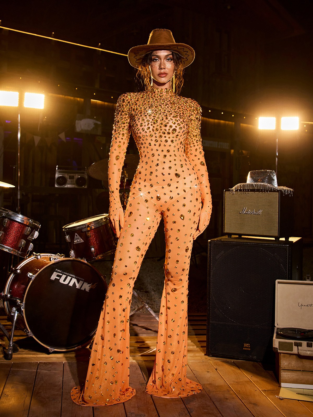 Chizu Diamond Mesh Jumpsuit In Orange