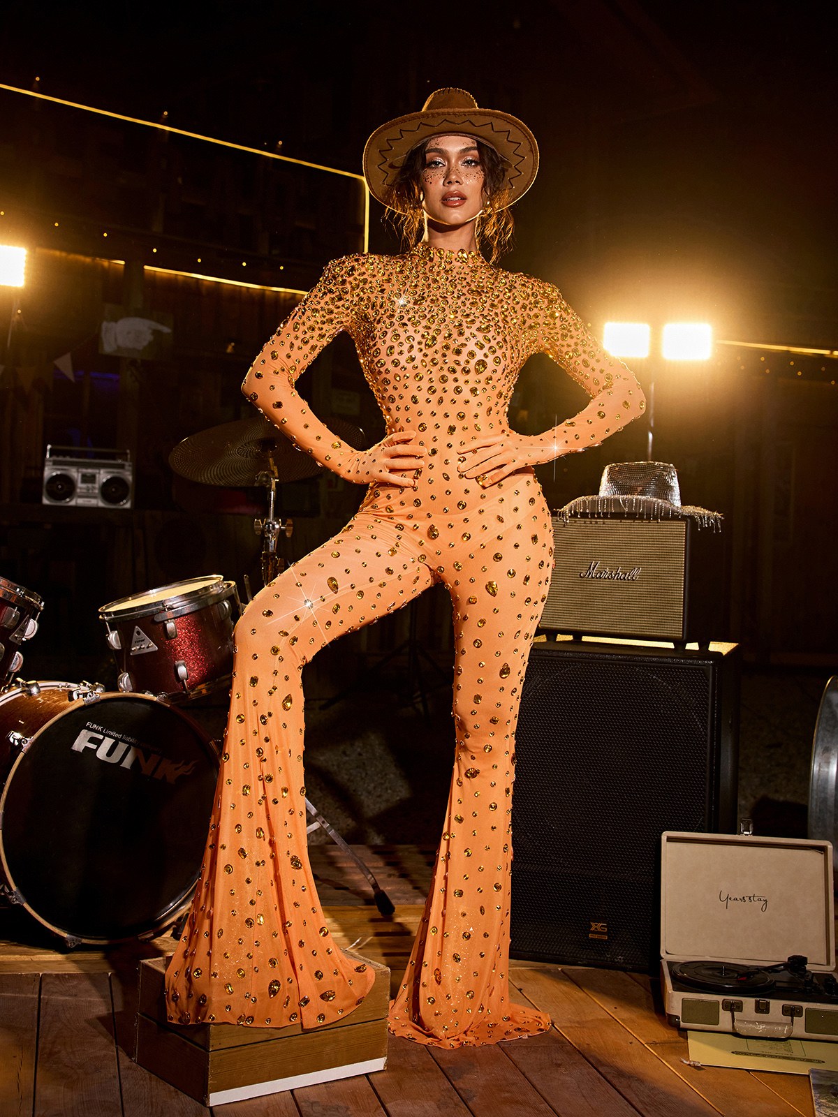 Chizu Diamond Mesh Jumpsuit In Orange