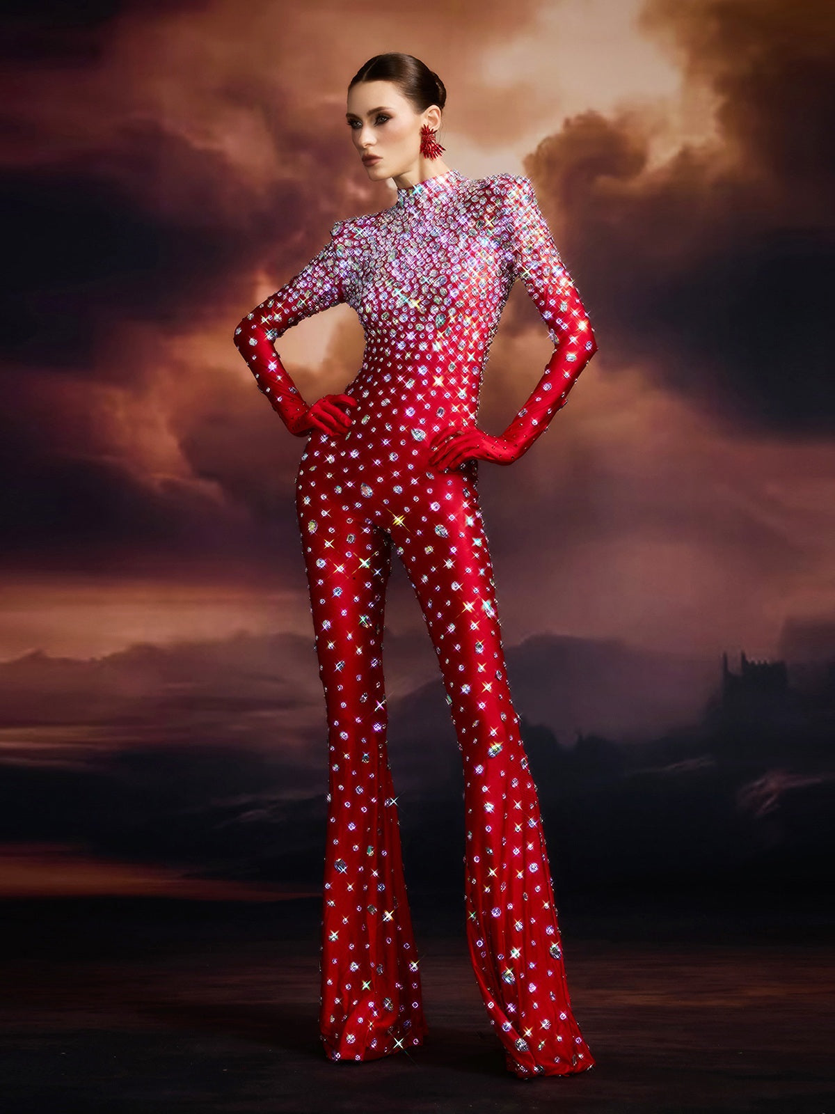 Chizu Diamond Mesh Jumpsuit In Red