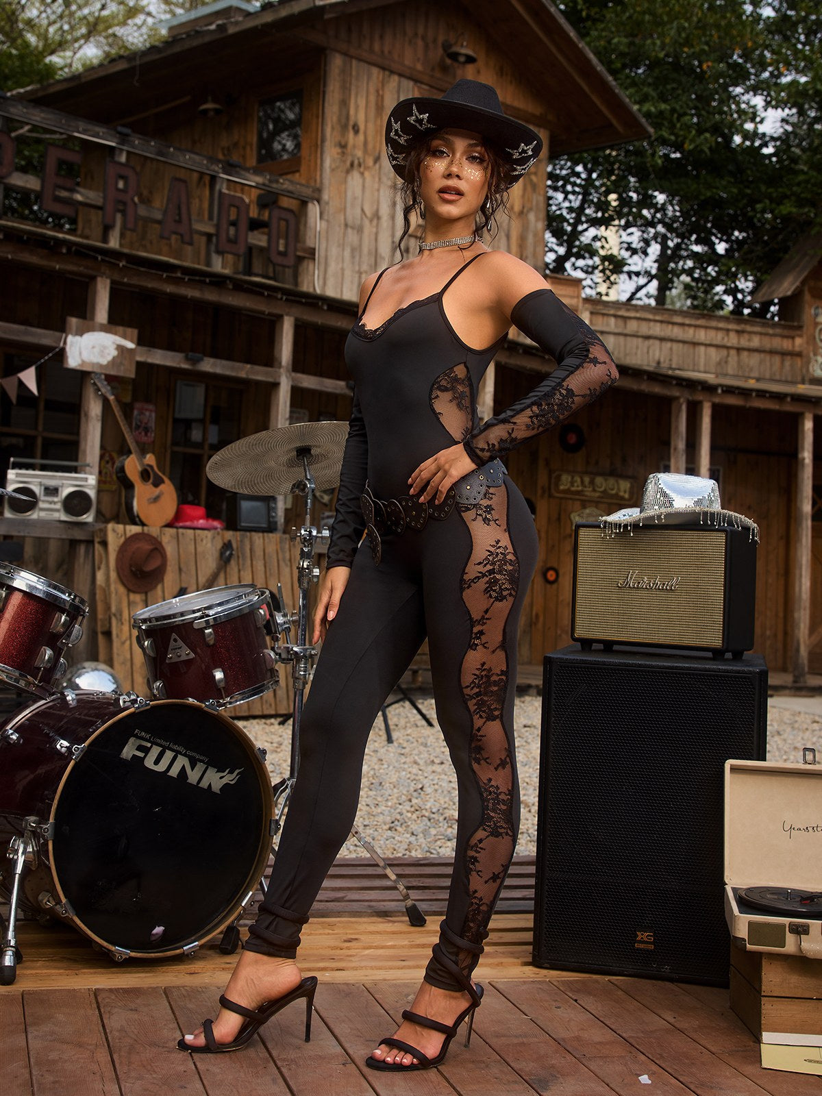 Chizuko Spaghetti Lace Jumpsuit With Gloves