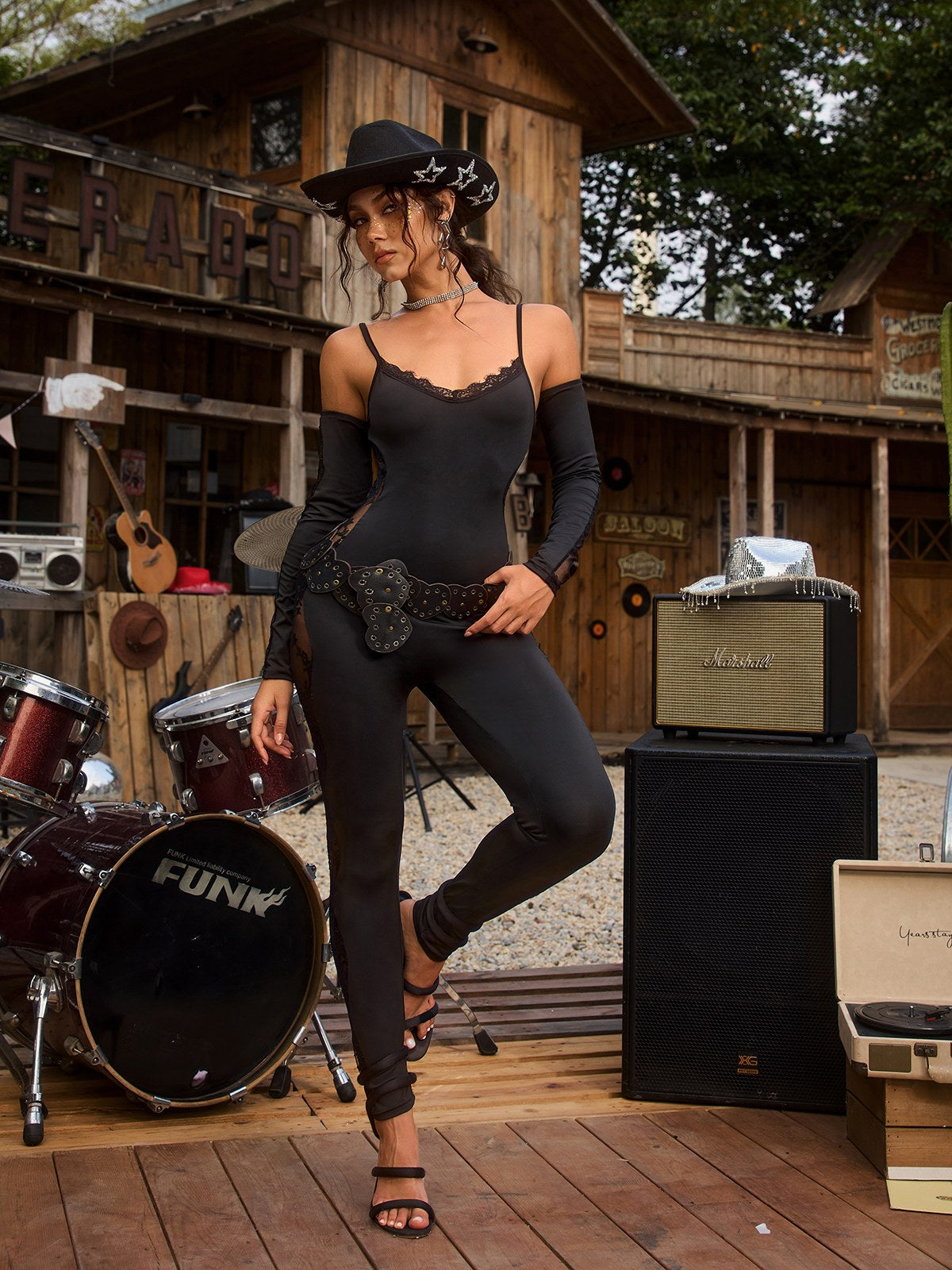 Chizuko Spaghetti Lace Jumpsuit With Gloves