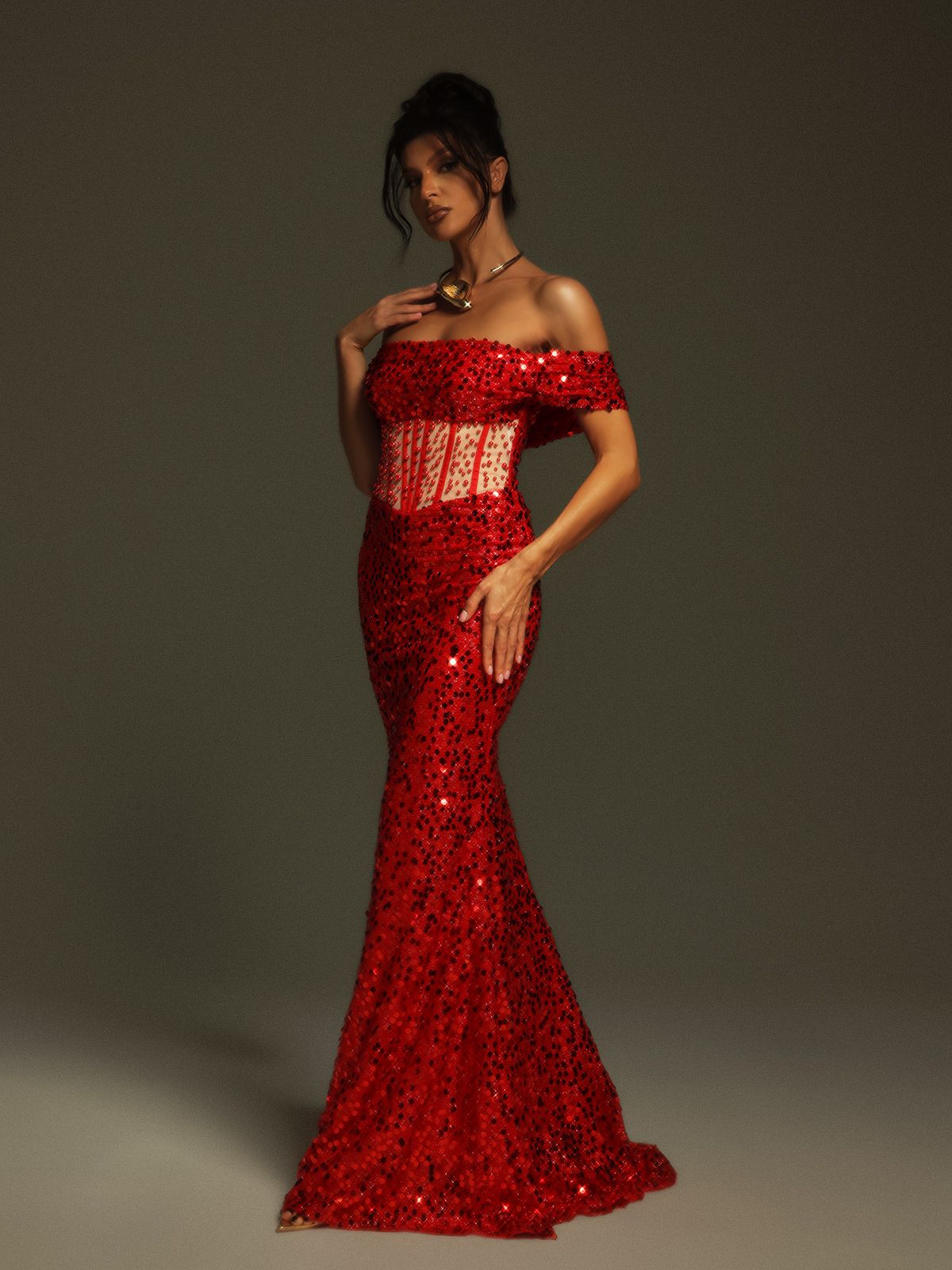 Christena Off Shoulder Sequin Corset Maxi Dress