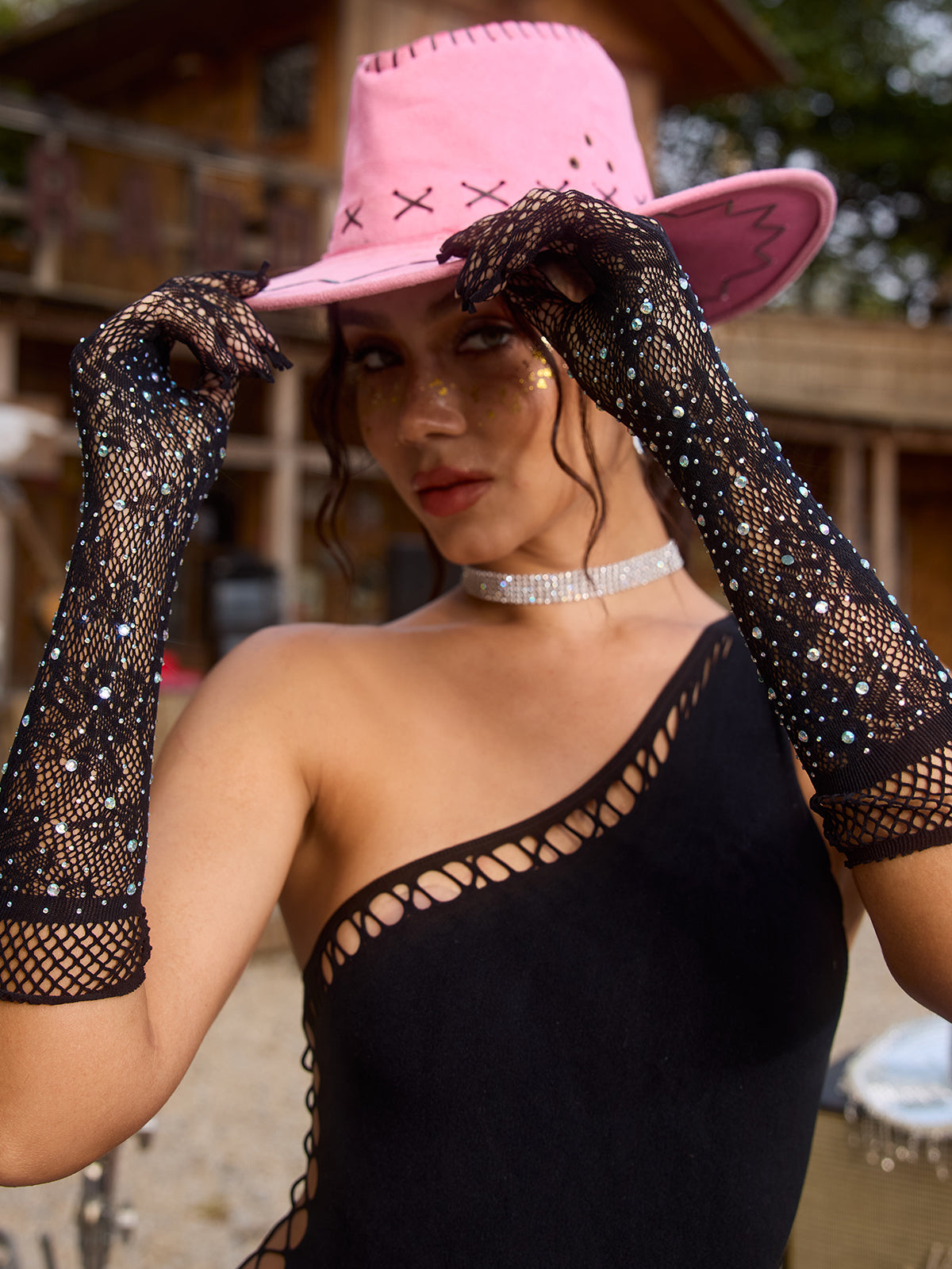 Chryseis Fishnet Lace Rhinestone Gloves