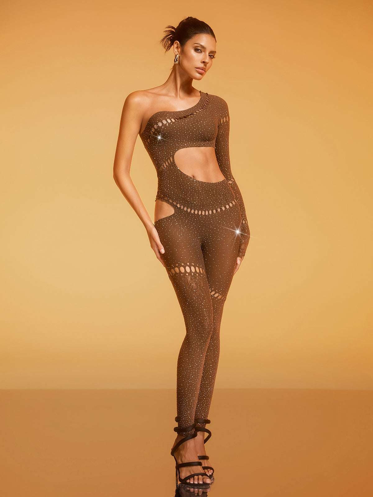 Cierra One Shoulder Cutout Jumpsuit In Coffee