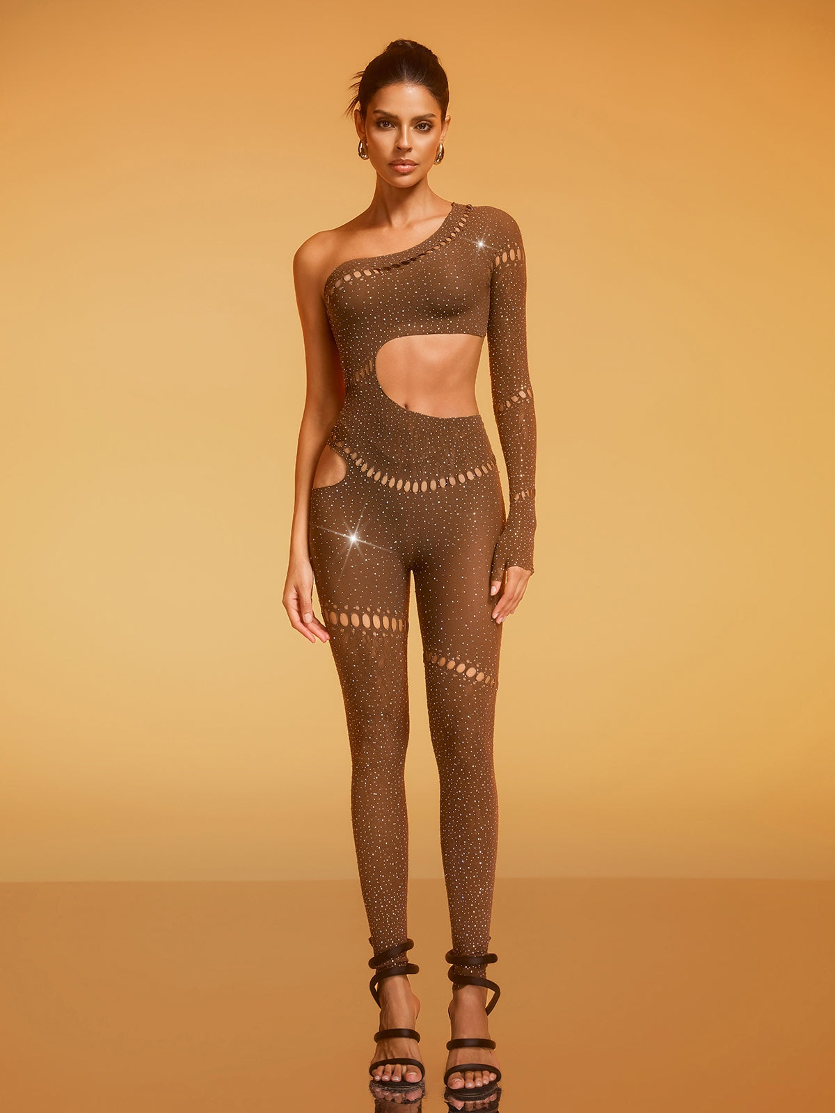 Cierra One Shoulder Cutout Jumpsuit In Coffee