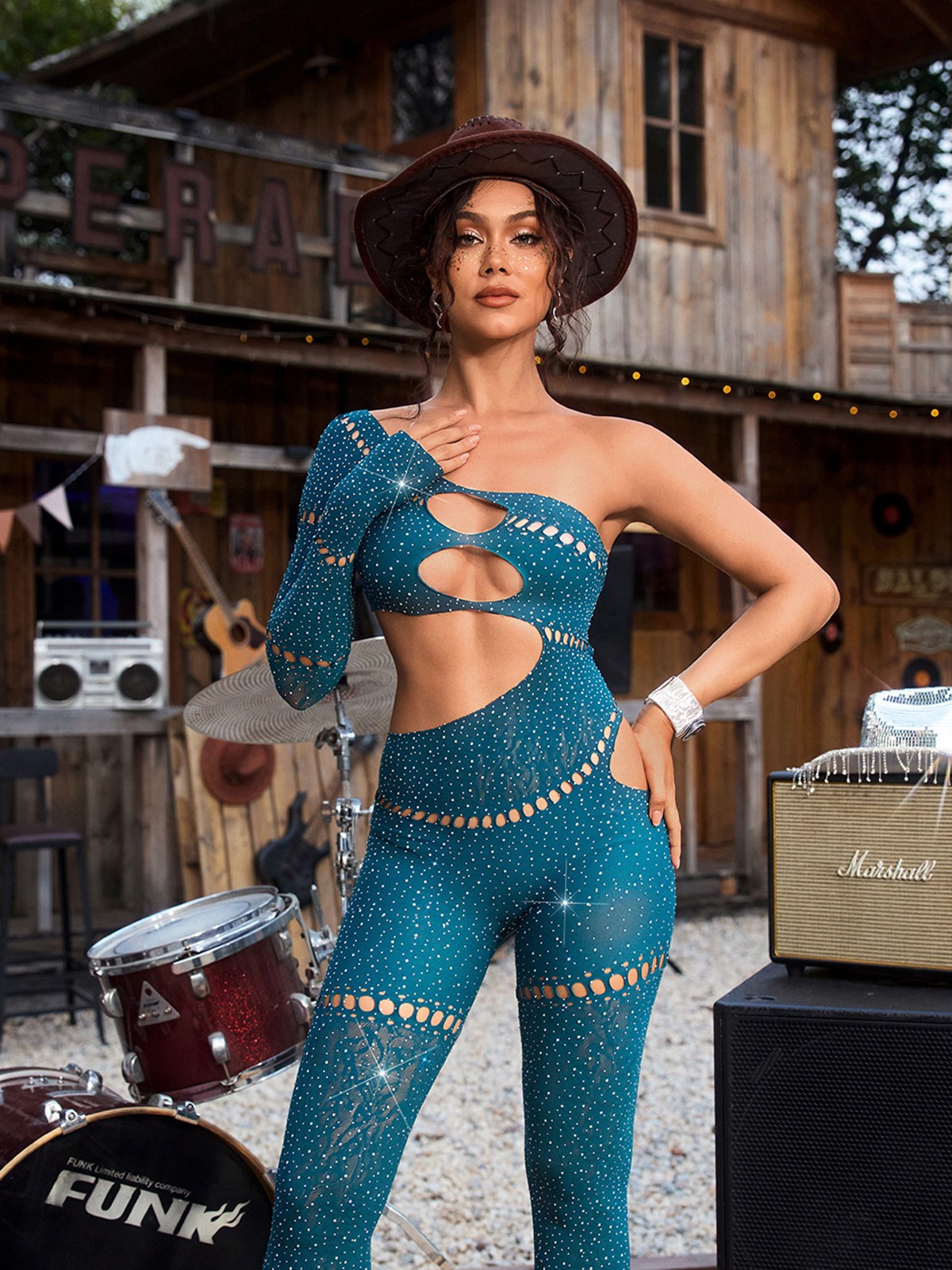 Cierra One Shoulder Cutout Jumpsuit In Teal