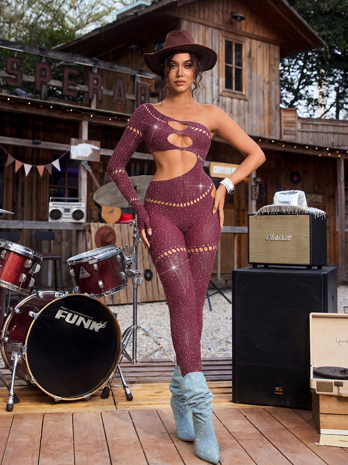 Cierra One Shoulder Cutout Jumpsuit In Wine