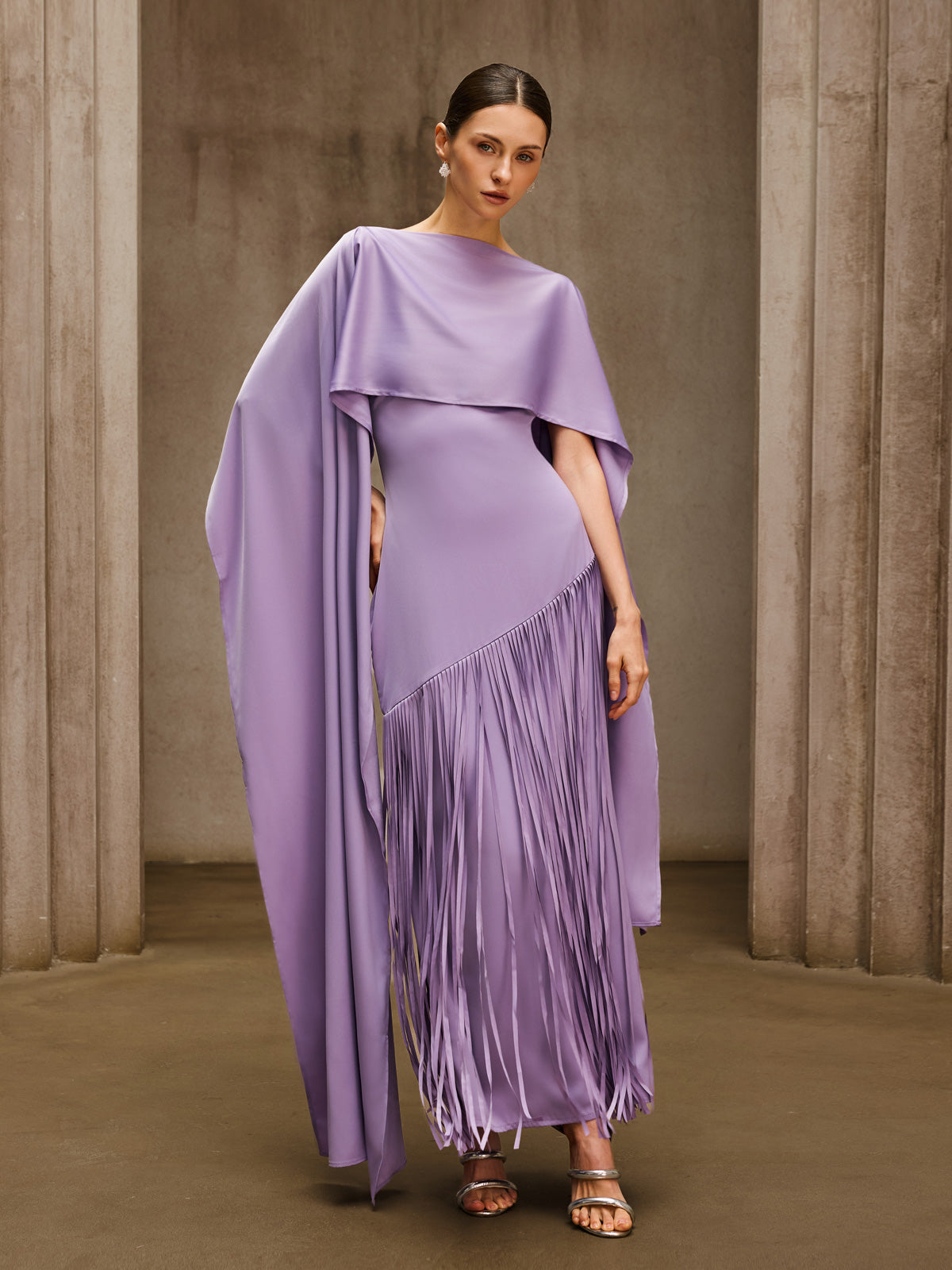 Cindara Shawl Fringe Maxi Dress In Purple