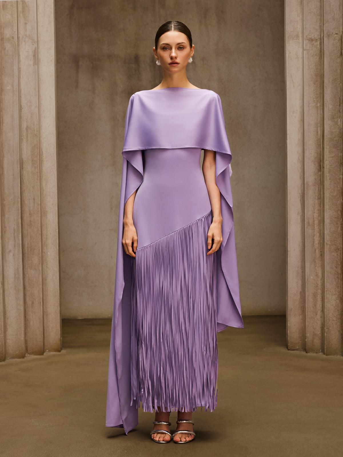 Cindara Shawl Fringe Maxi Dress In Purple