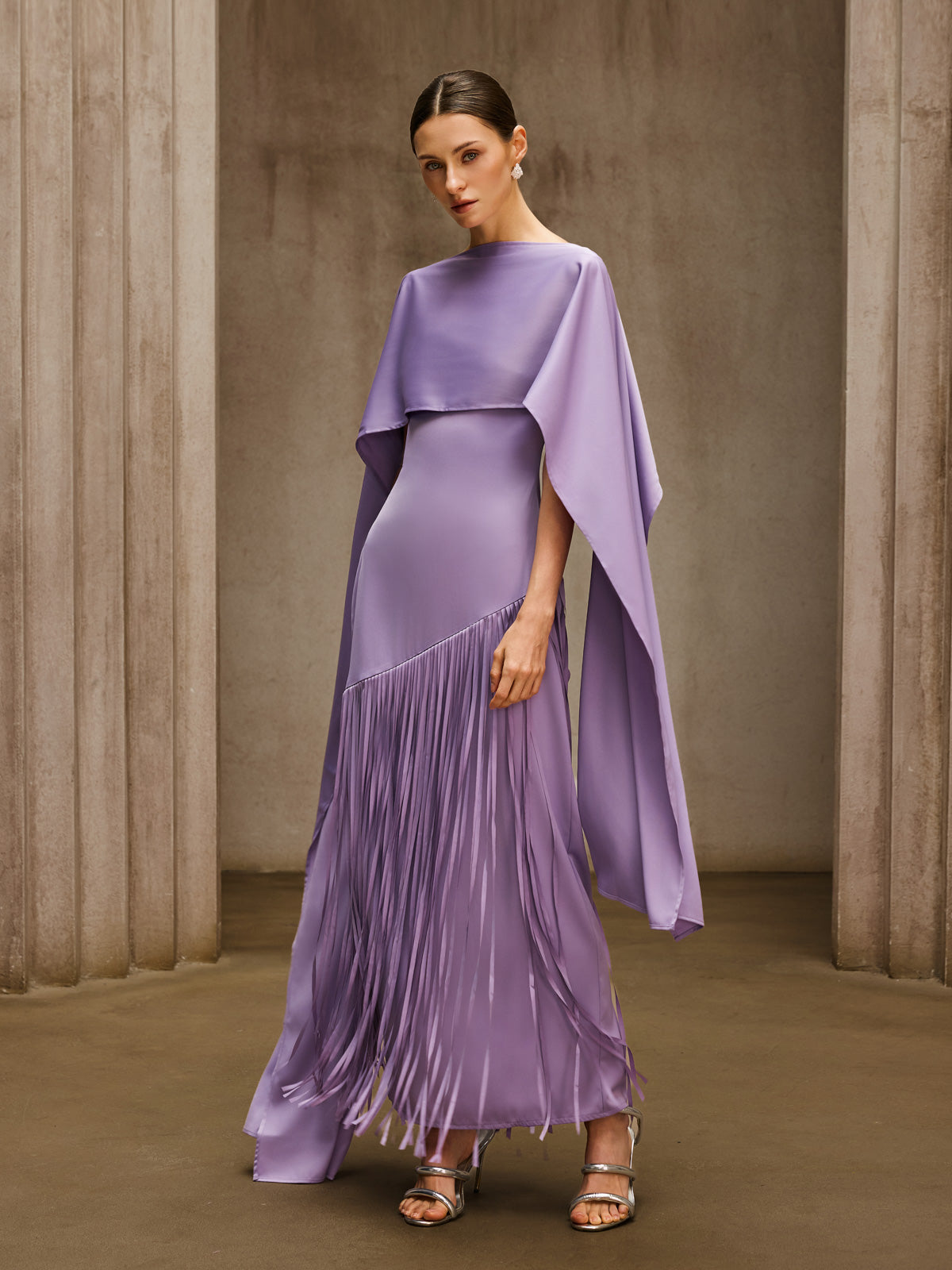 Cindara Shawl Fringe Maxi Dress In Purple