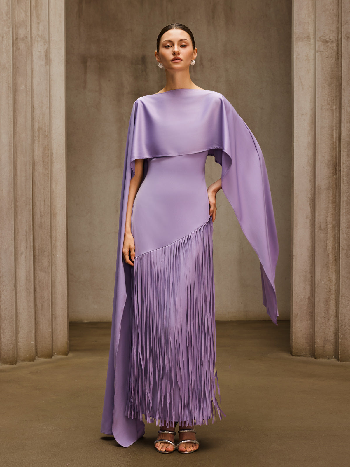 Cindara Shawl Fringe Maxi Dress In Purple