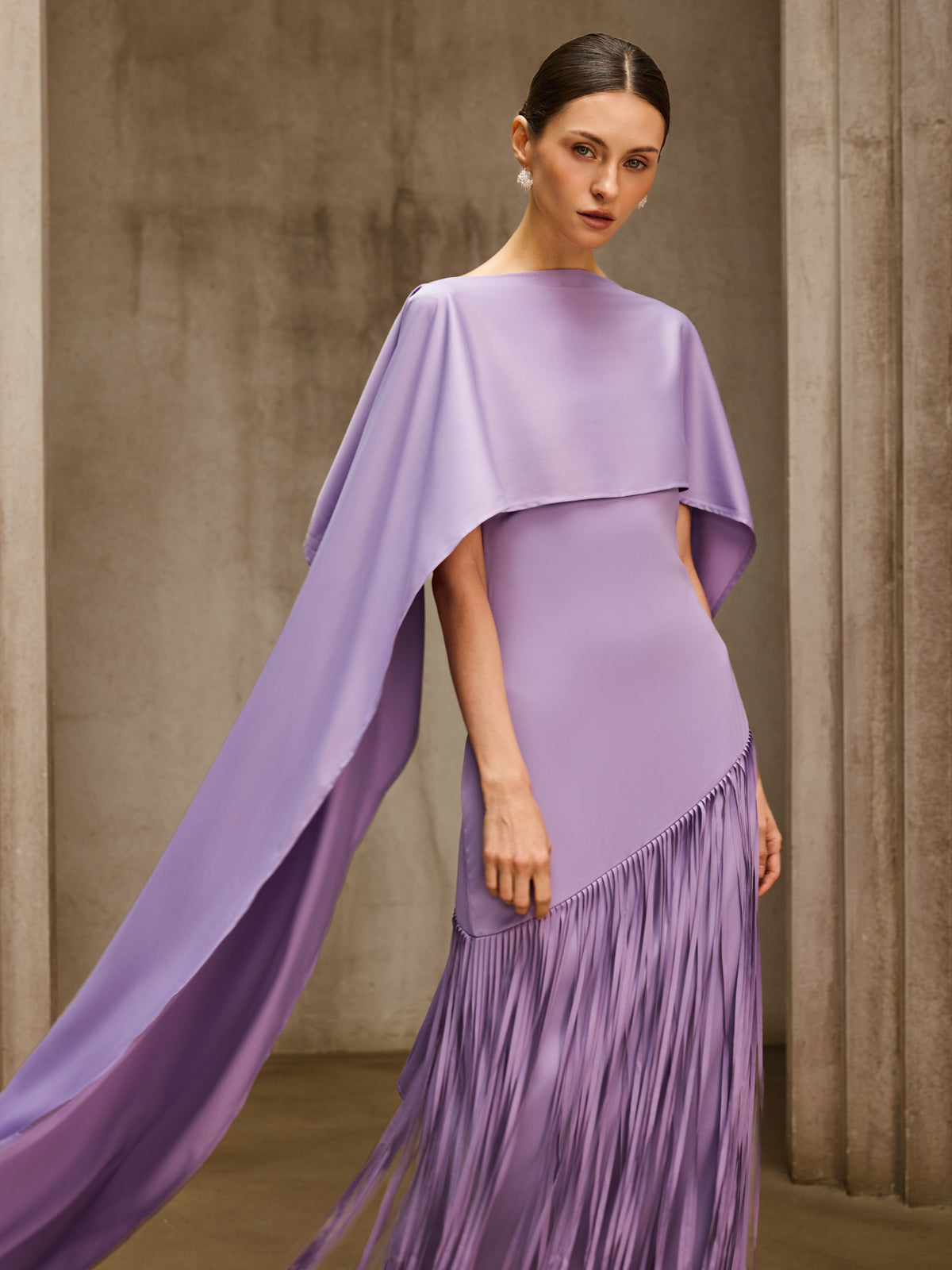Cindara Shawl Fringe Maxi Dress In Purple