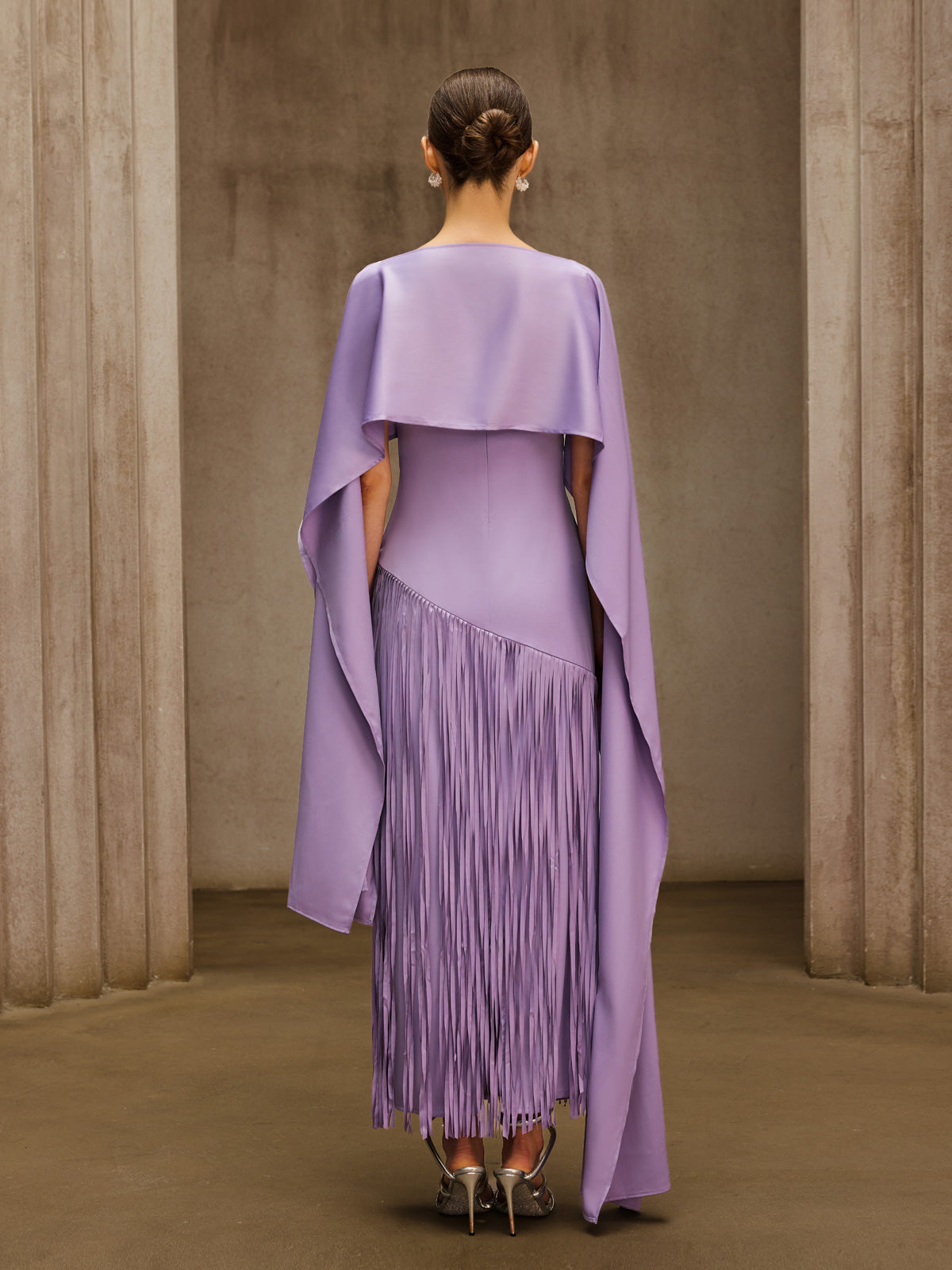 Cindara Shawl Fringe Maxi Dress In Purple