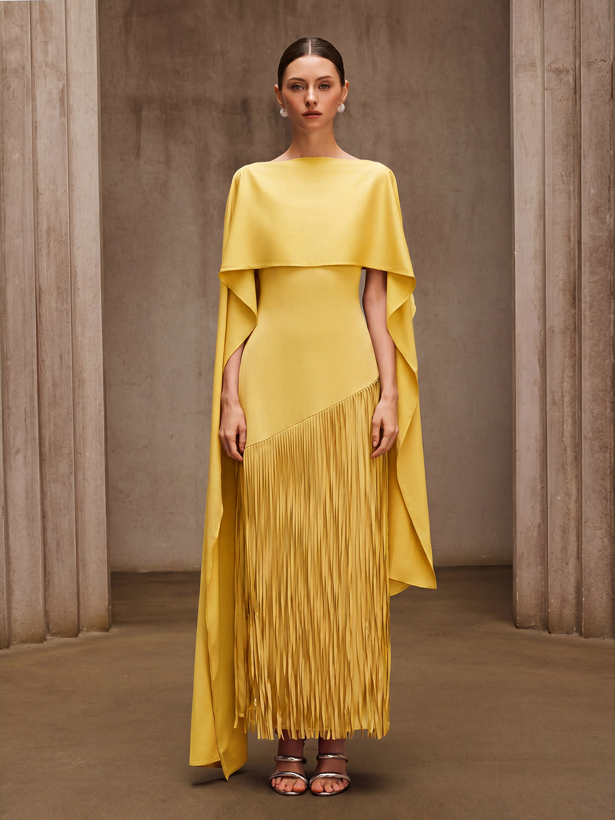 Cindara Shawl Fringe Maxi Dress In Yellow