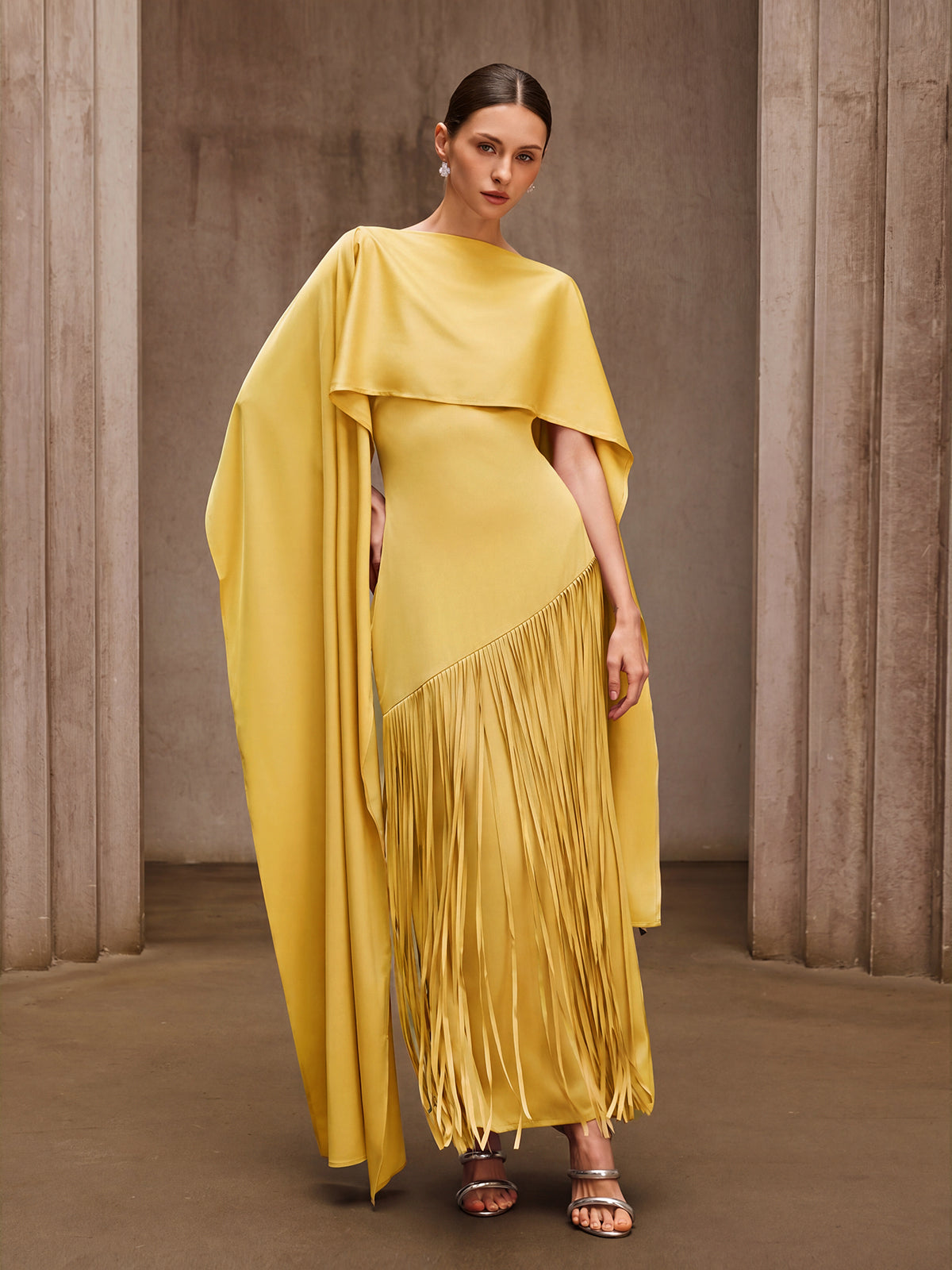 Cindara Shawl Fringe Maxi Dress In Yellow
