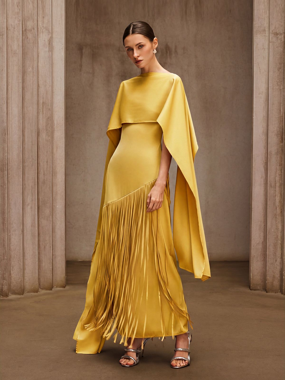 Cindara Shawl Fringe Maxi Dress In Yellow