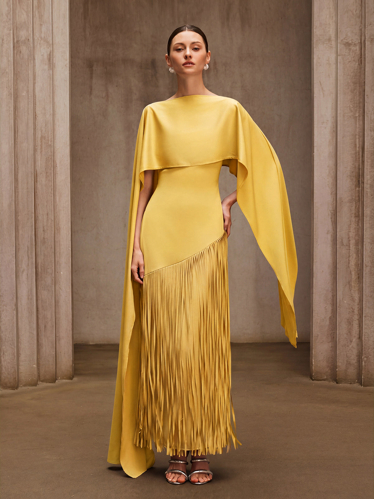 Cindara Shawl Fringe Maxi Dress In Yellow