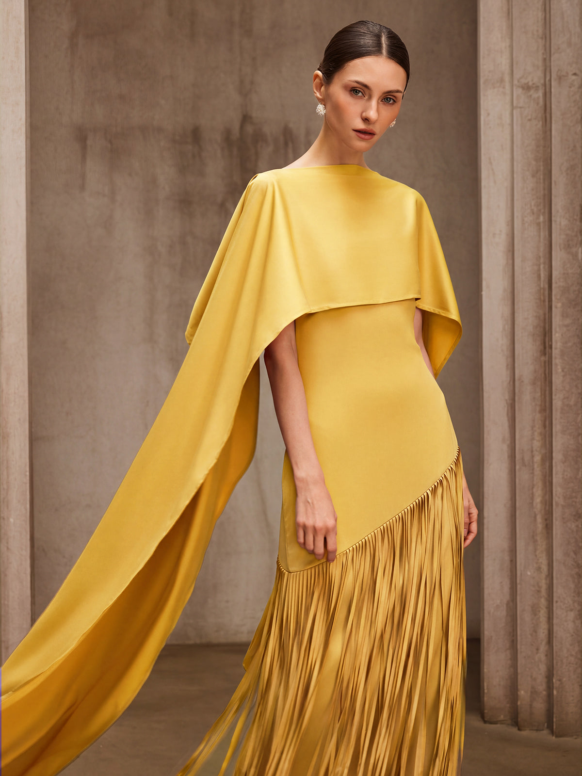 Cindara Shawl Fringe Maxi Dress In Yellow