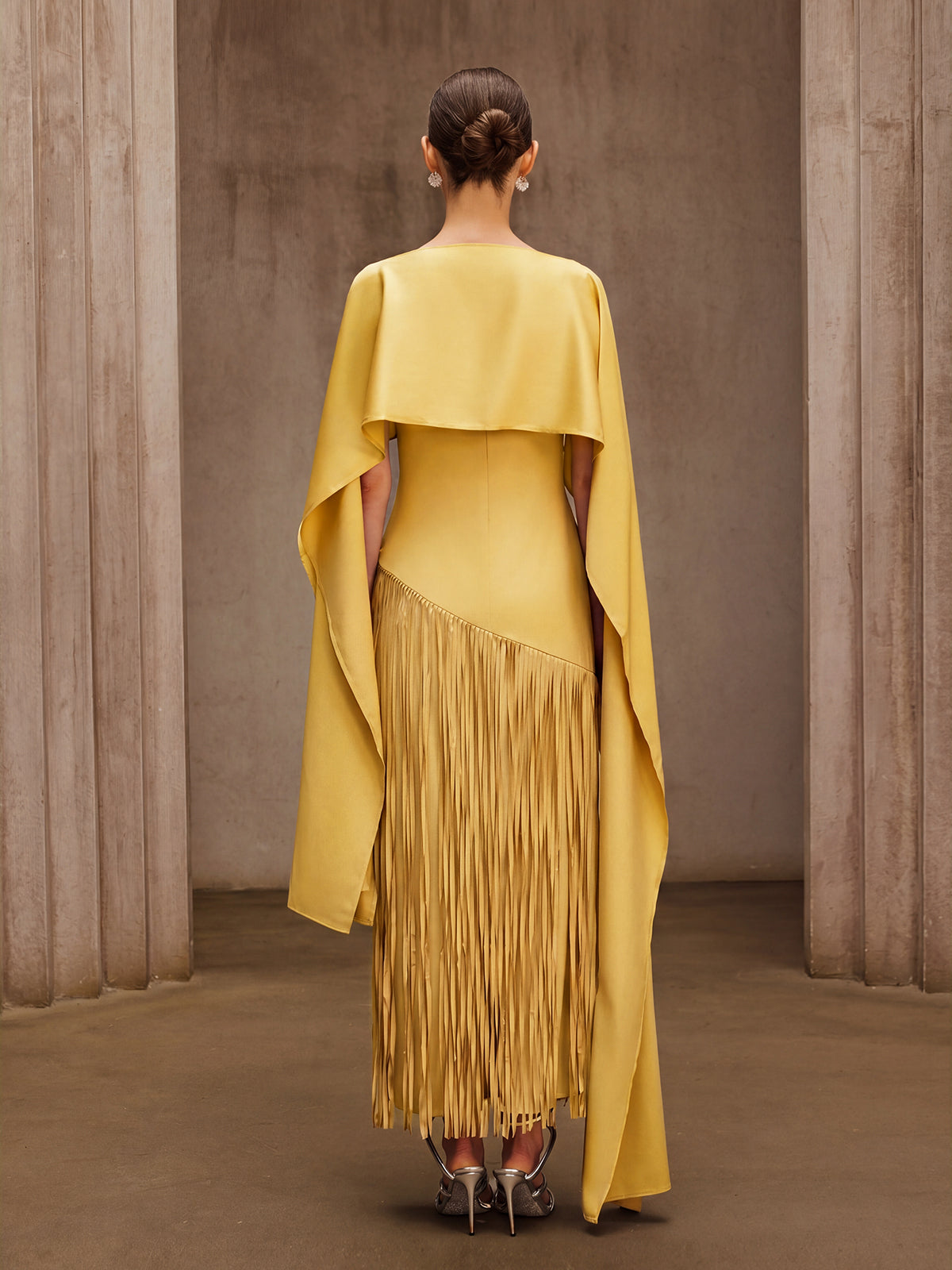Cindara Shawl Fringe Maxi Dress In Yellow