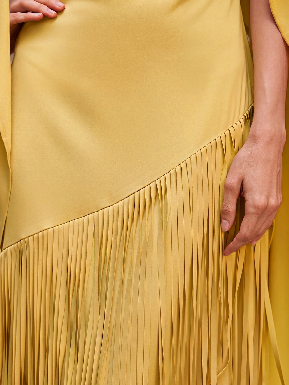 Cindara Shawl Fringe Maxi Dress In Yellow