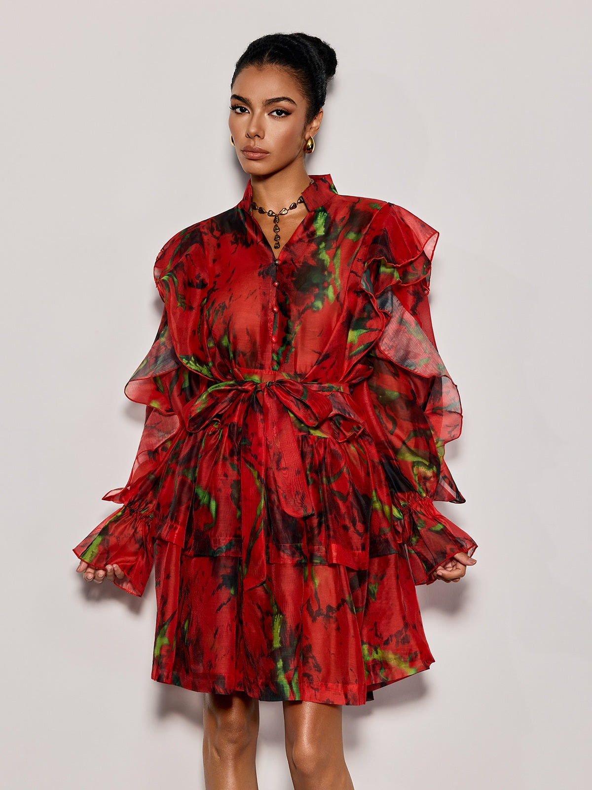 Cintaro Balloon Sleeve Floral Mini Dress