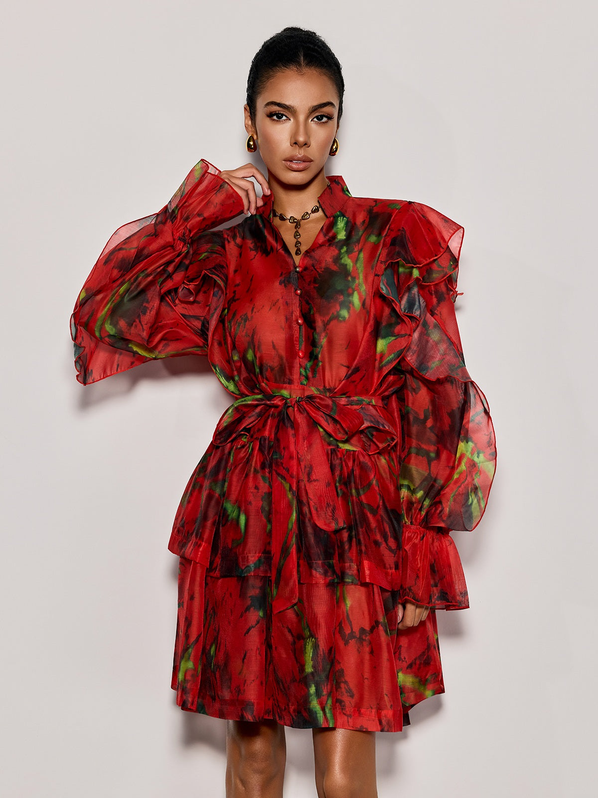 Cintaro Balloon Sleeve Floral Mini Dress