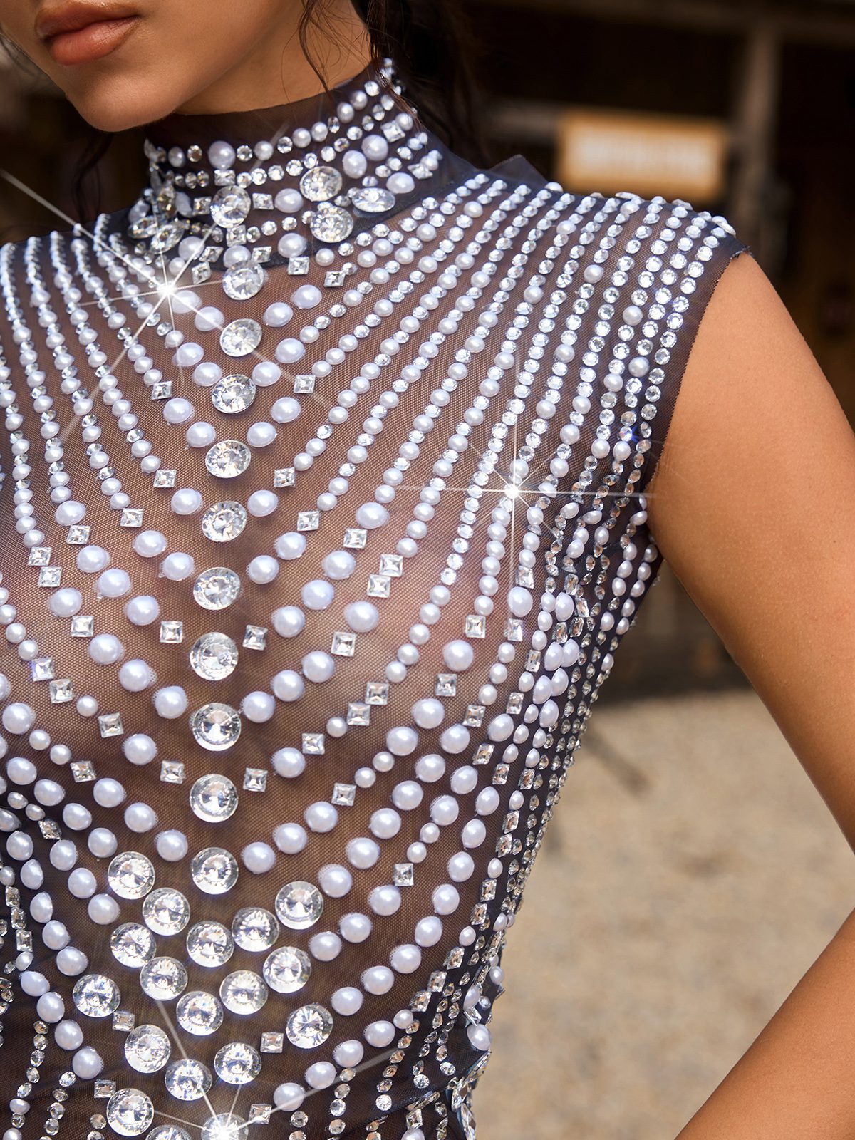 Clematis High Neck Diamond Pearl Mesh Top
