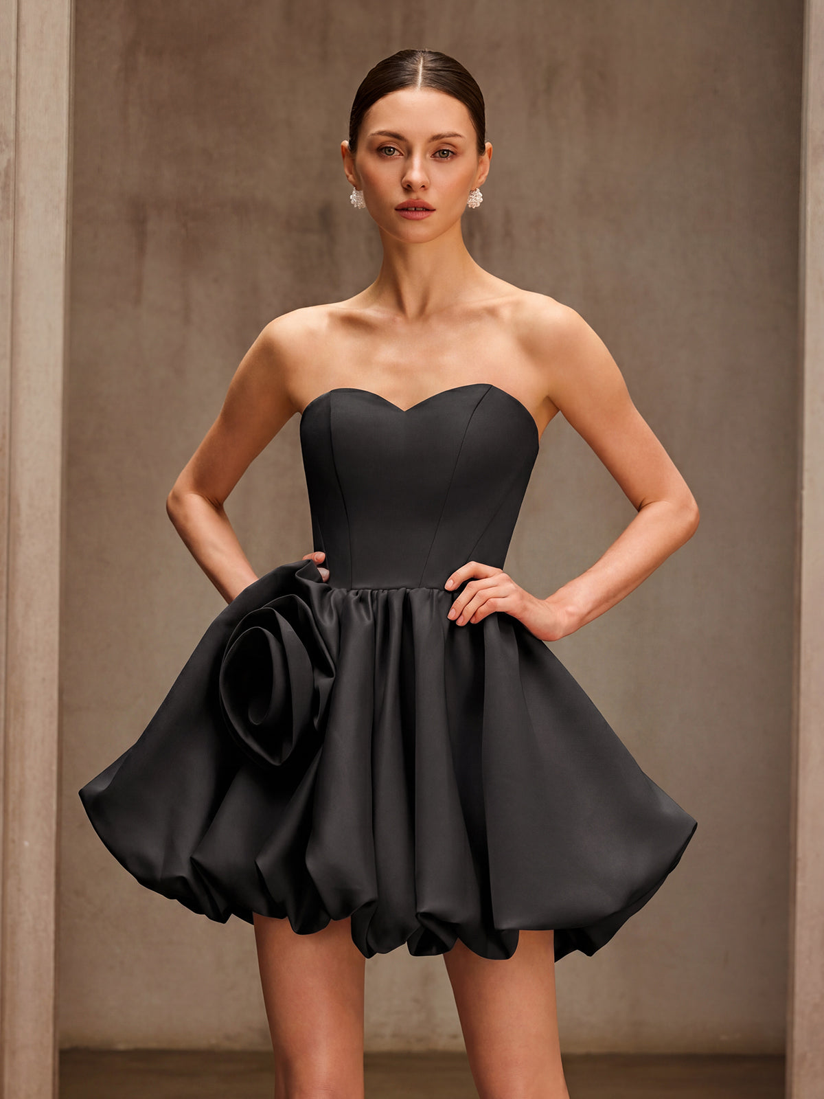 Clovia Strapless Flower Mini Dress In Black