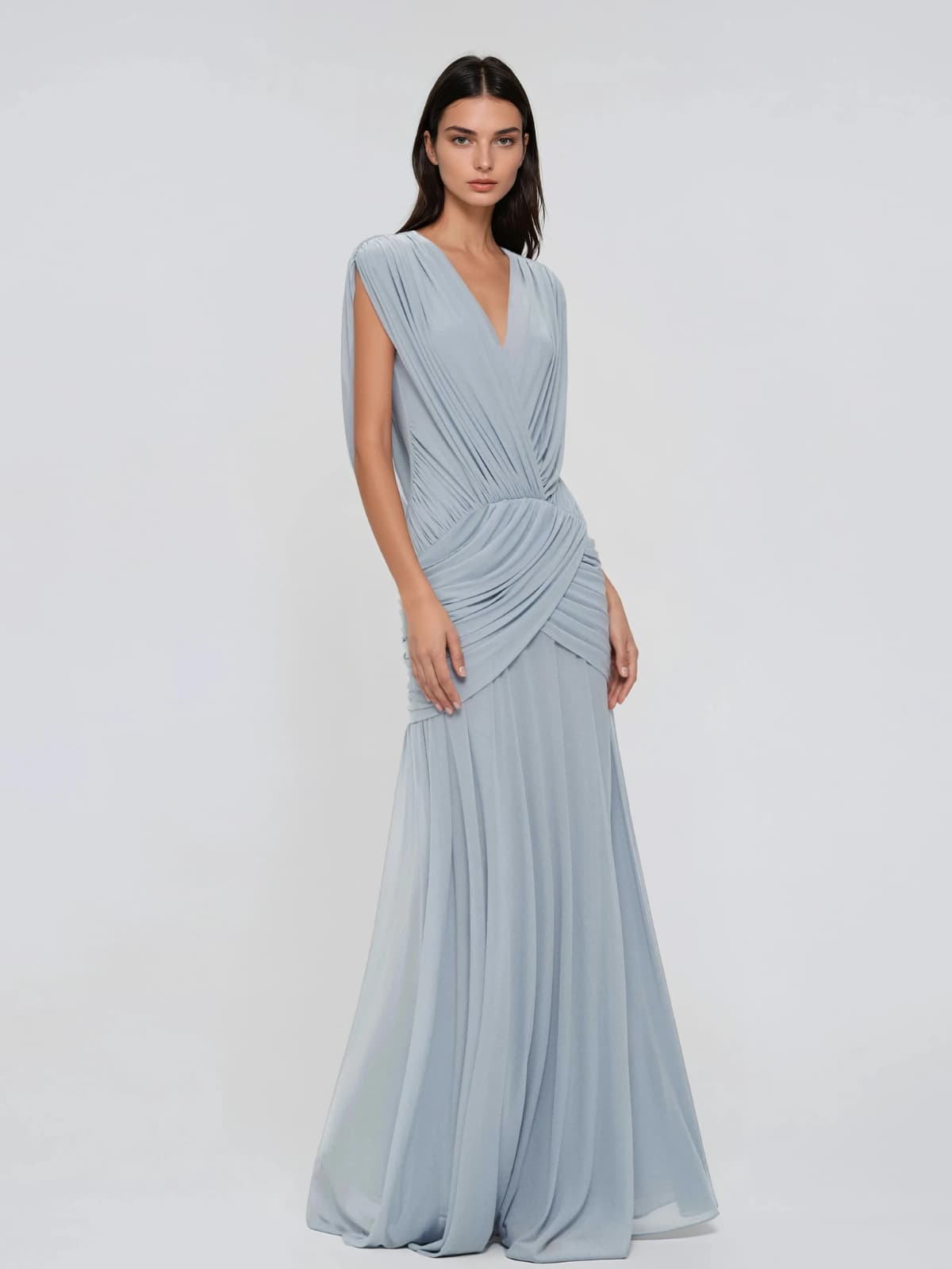 Coran V Neck Ruched Split Maxi Dress In Baby Blue