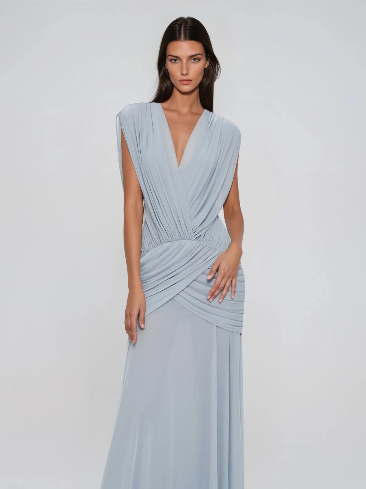 Coran V Neck Ruched Split Maxi Dress In Baby Blue