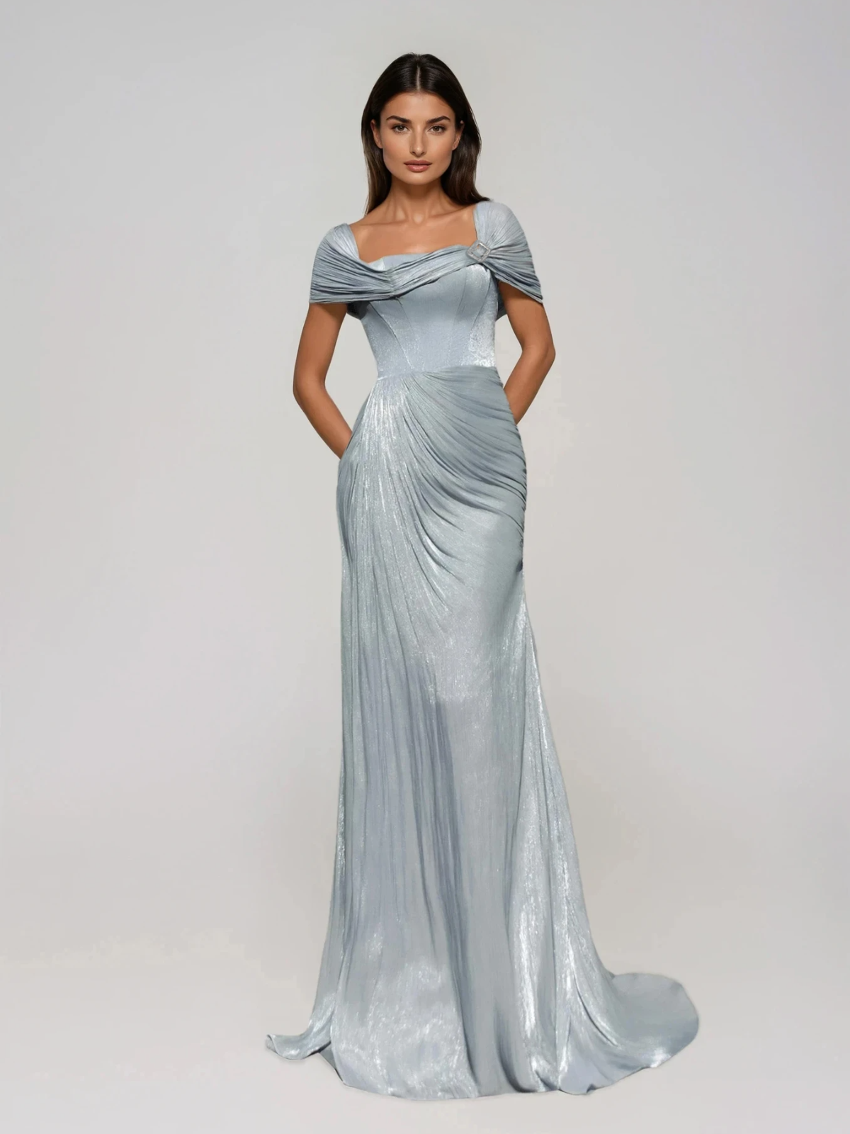 Coryxa Short Sleeve Ruched Split Maxi Dress In Blue