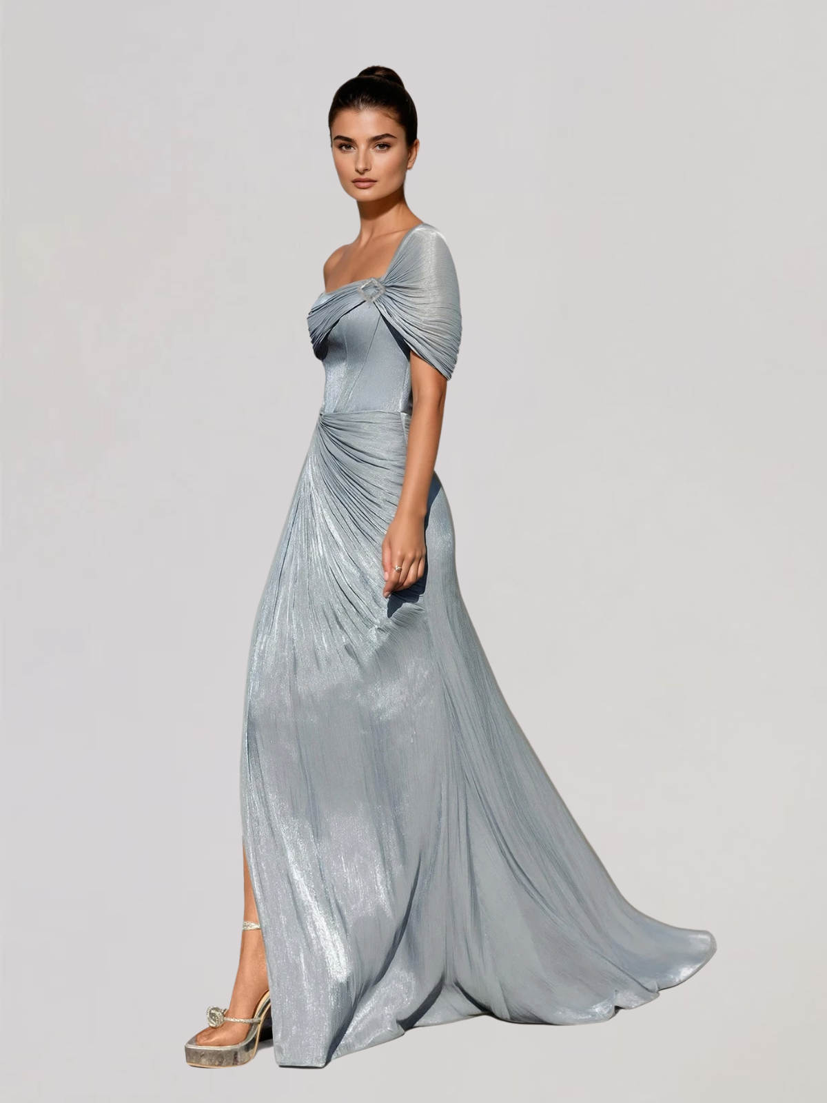 Coryxa Short Sleeve Ruched Split Maxi Dress In Blue