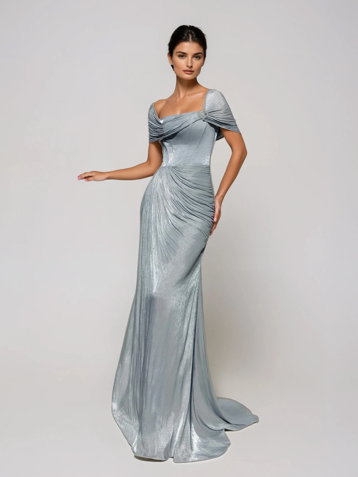 Coryxa Short Sleeve Ruched Split Maxi Dress In Blue