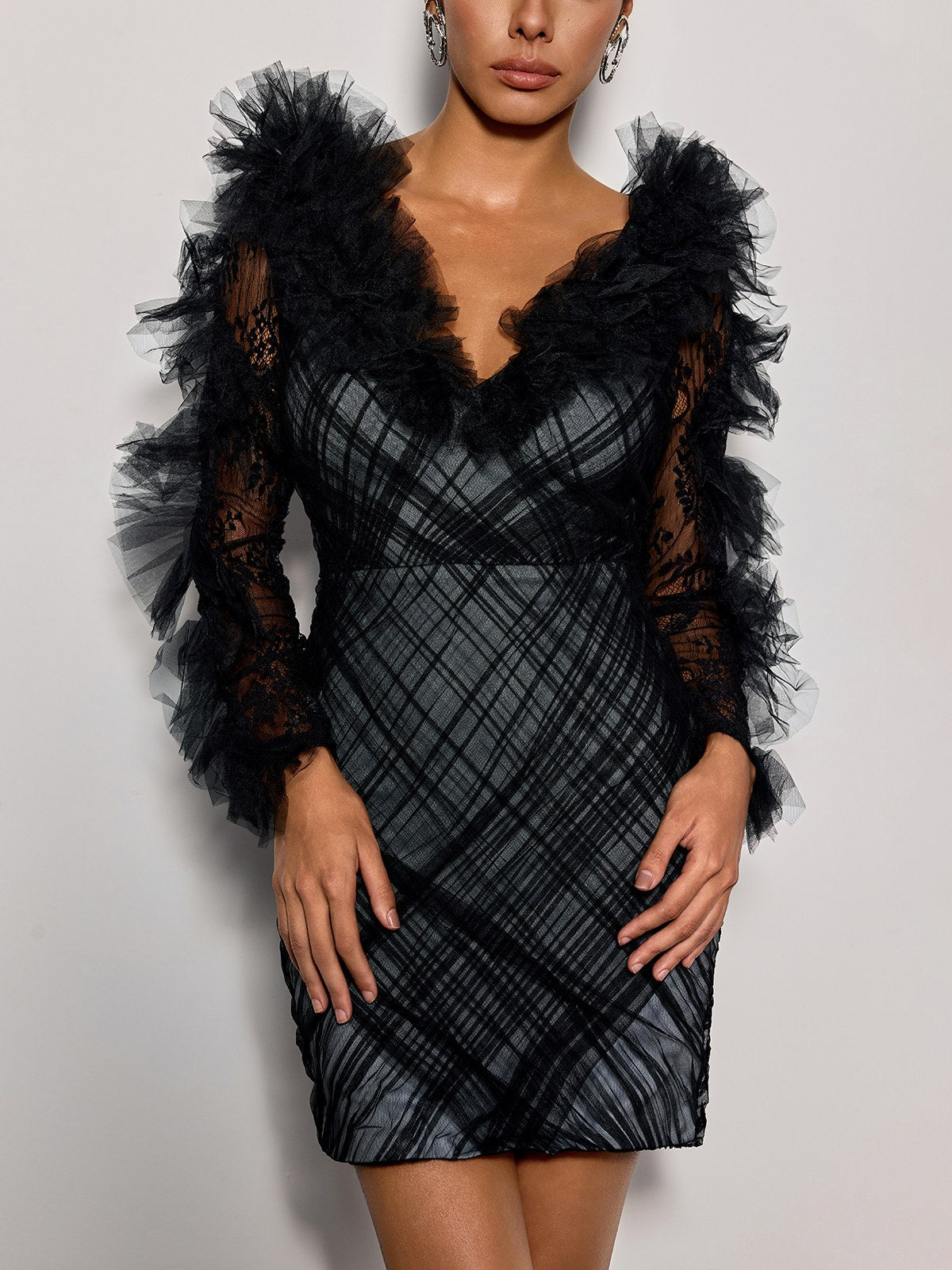 Cwen V Neck Ruffled Tulle Mini Dress